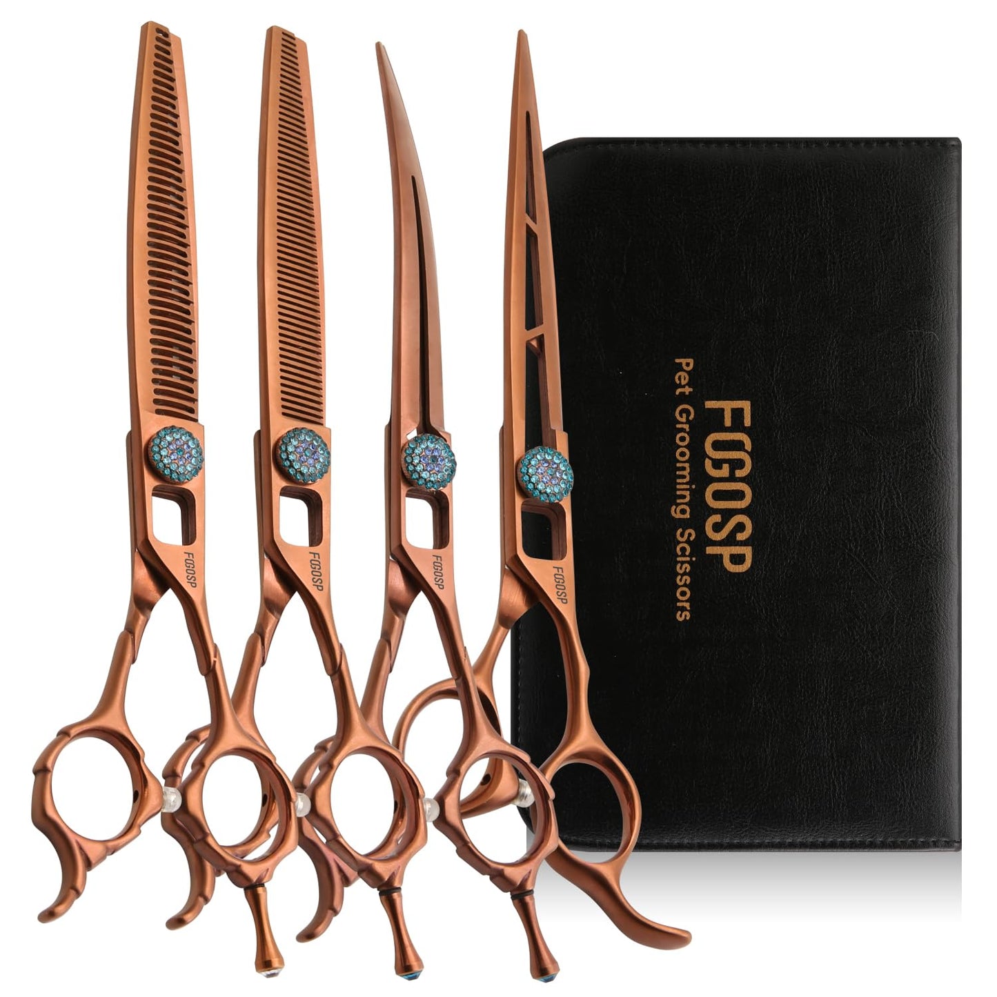 FOGOSP 7'' Dog Grooming Scissors Set 4PCS Curved Thinning Straight Chunkers Shears Kit with Hollow Out Design Ergonomic Offset Handle High Cobalt Alloy Steel Sharp and Durable(7, Chocolate Kit)