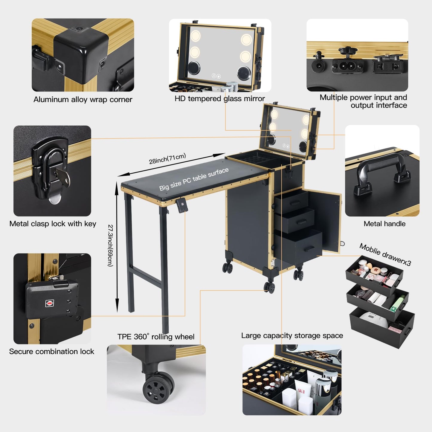 Rolling Portable Manicure Table with 3 Drawers, Lockable Makeup Train Case with Mirror & Nail Polish Organizer, Foldable Nail Desk with Wheels & Handle for Mobile Nail Techs & Salon Use, Gloden