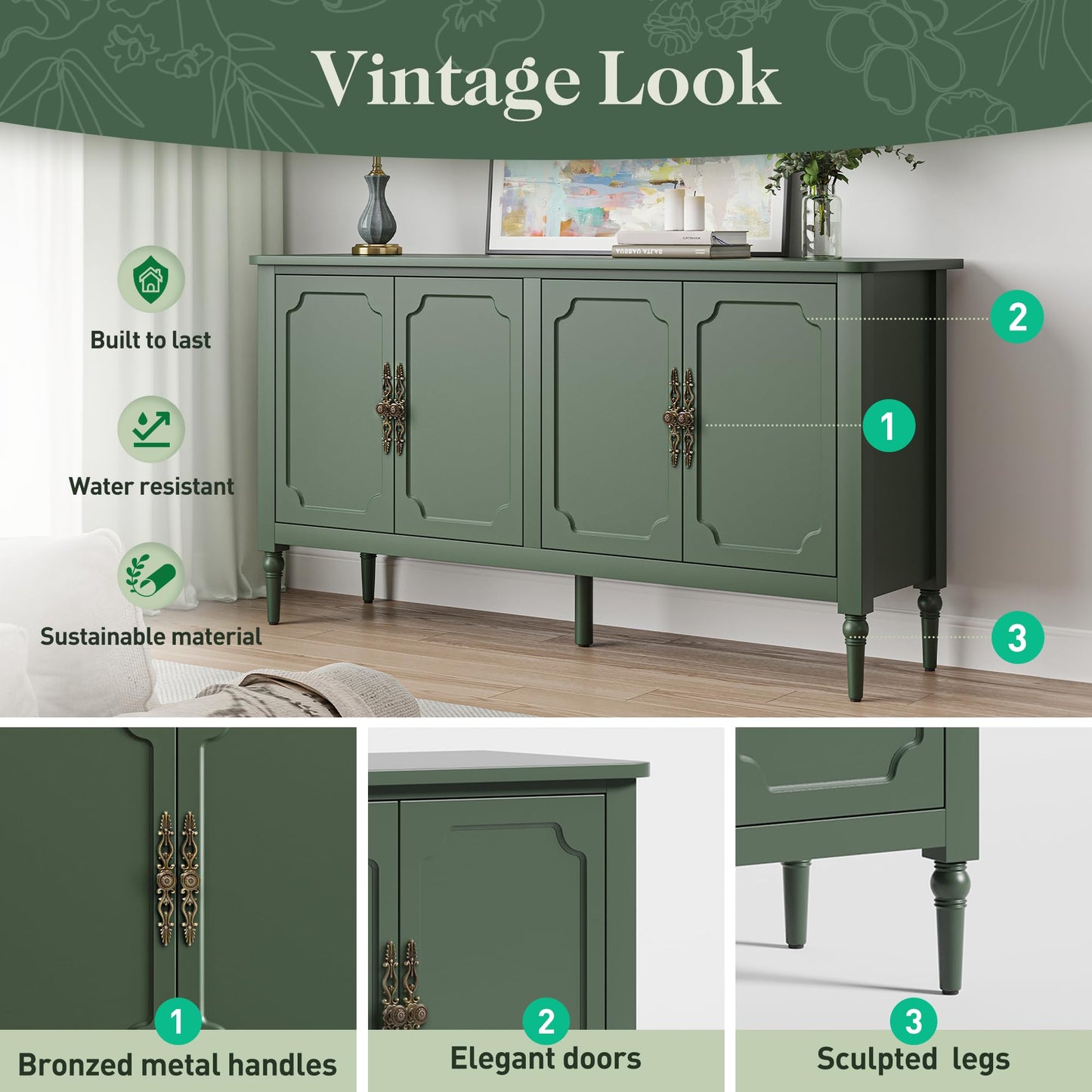 HEYNEMO 58'' Sideboard Buffet Cabinet with Storage, Mid Century Modern Storage Cabinet with 4 Doors and Adjustable Shelves, Green