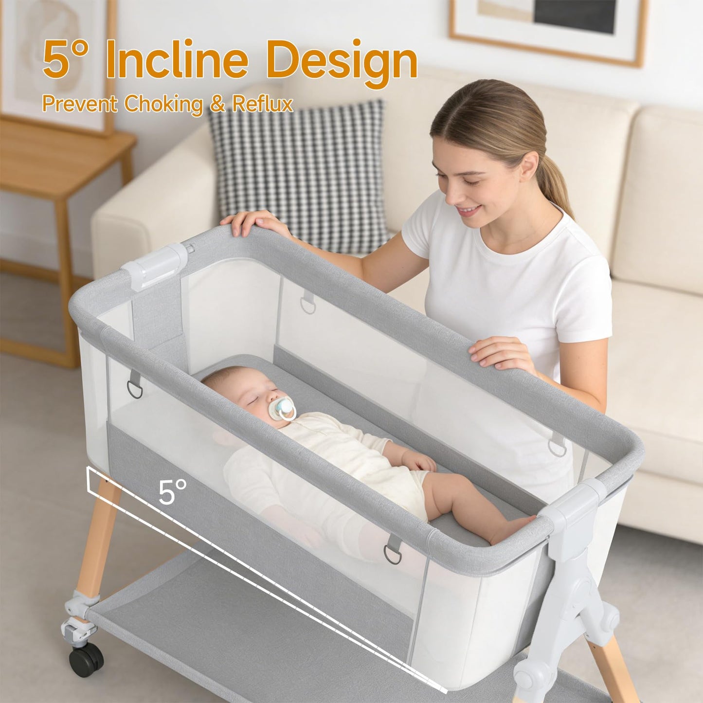 LookBaby Baby Bassinet, 4-in-1 Rocking Bassinet Beside Crib for Baby, One-Click Foldable Bedside Sleeper for Newborn, Travel Bassinet with 5 Heights, Soft Mattress and Hanging Toys for Infant