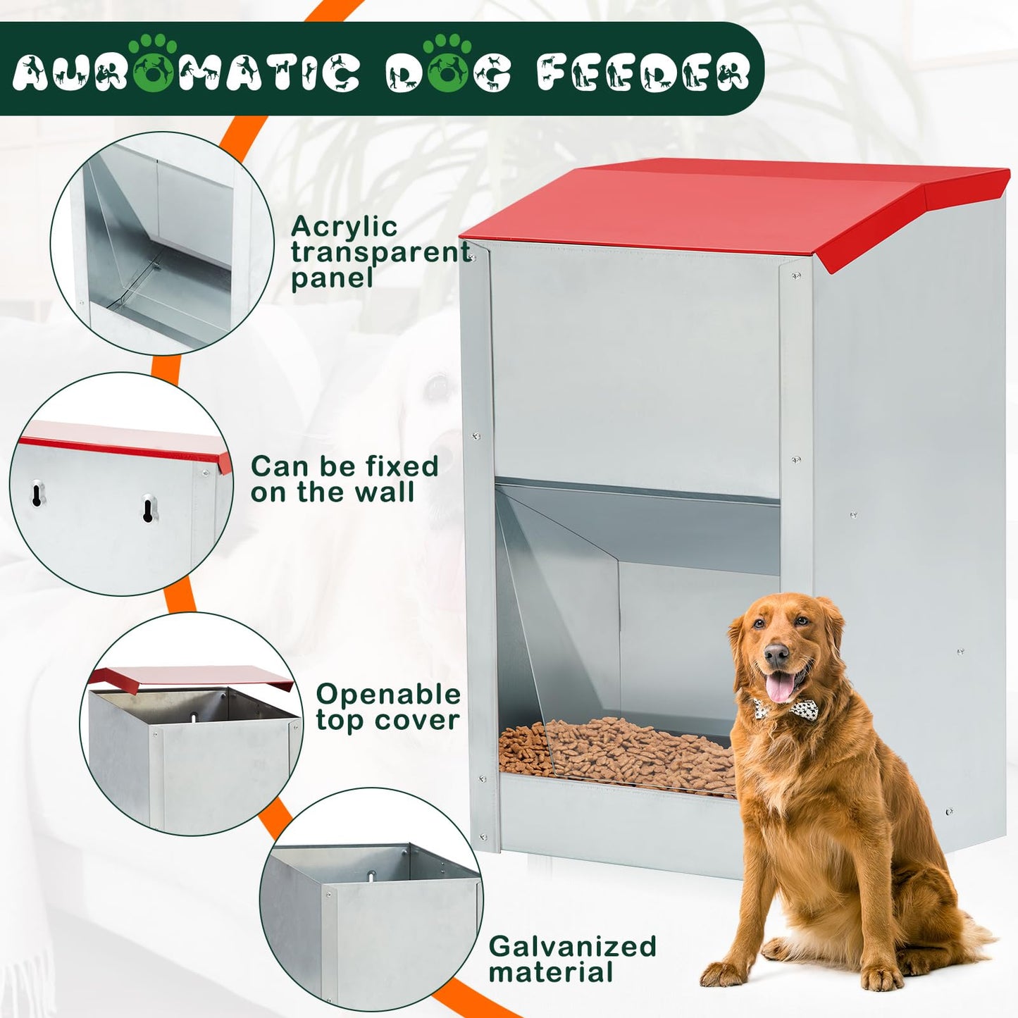 Willinglong 2 Pcs 50 Lbs Large Automatic Dog Feeders with Handle Acrylic Panel Galvanized Gravity Feeder Outdoor Hanging for Doggie Breed Dog Food Dispenser Container(Red)