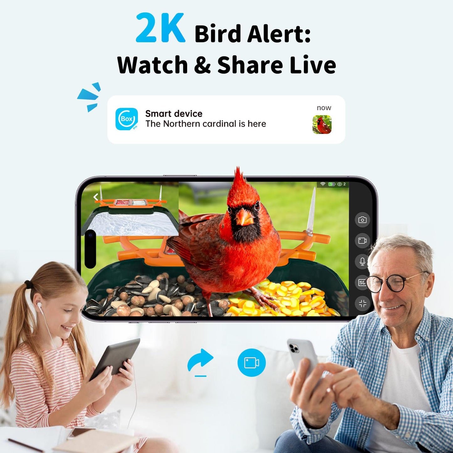 Bird Feeder with Camera and Bath, Dual-Lens 2K HD Video, AI Bird Identification, Solar Powered, Instant Alerts, IP66 Weatherproof