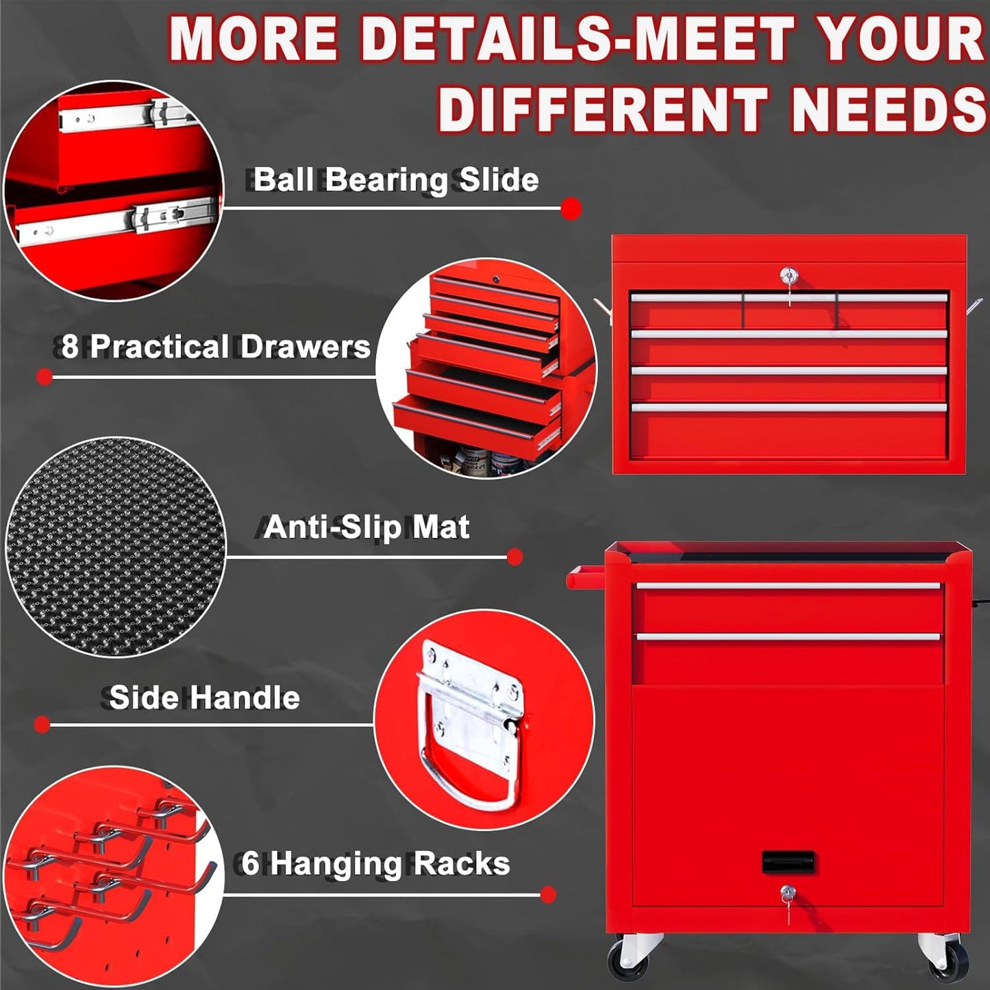 Clickoods 8-Drawer Rolling Tool Chest with Detachable Top Tool Box, Lockable Metal Tool Cabinet, and Liner, Heavy-Duty Storage Organizer with Wheels and 6 Hooks for Garage, Workshop, Red