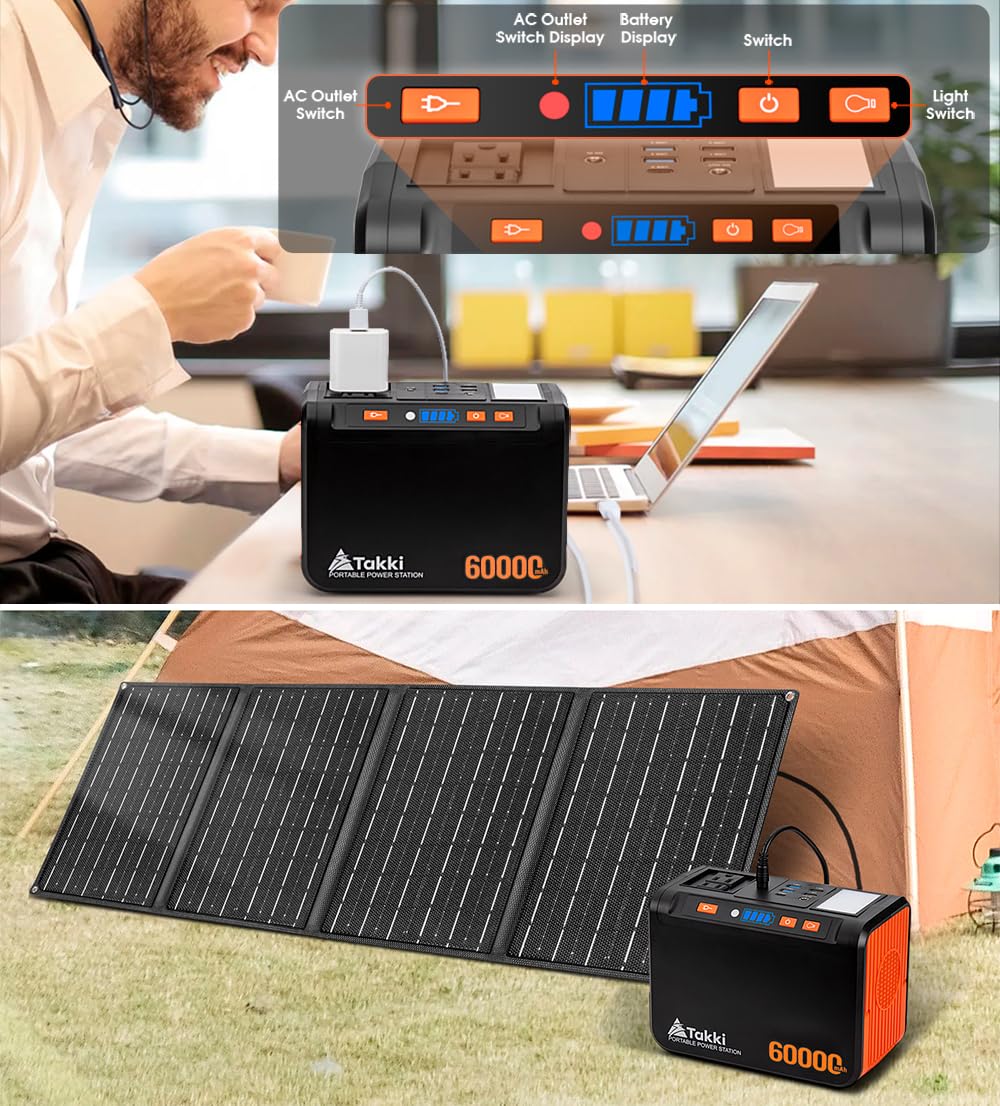 Takki Solar Generator 250W Portable Power Station with 40W Solar Panels 222Wh Pure Sine Wave Camping Lithium Battery Power Pack with AC 110V Outlet for Camping CPAP Home Use Emergency Outdoor