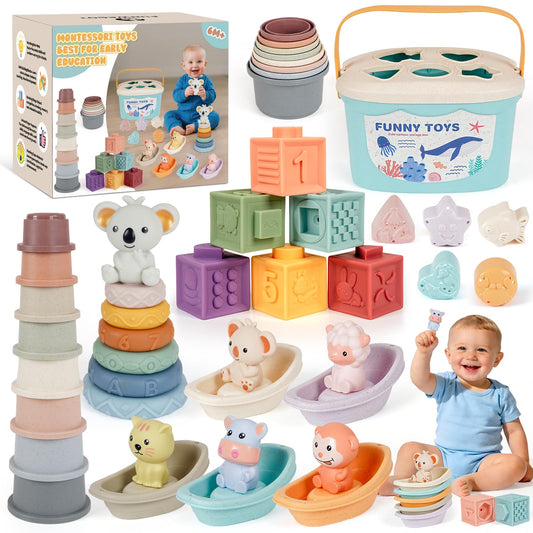 Montessori Baby Toys for Infants 6-18 Months, Shape Sorter for Toddler 6–12 Months, Sorting Stacking Toy for Fine Motor Skills, Sensory Learning Set with Stacking Rings for Babies Birthday Gift（Blue）