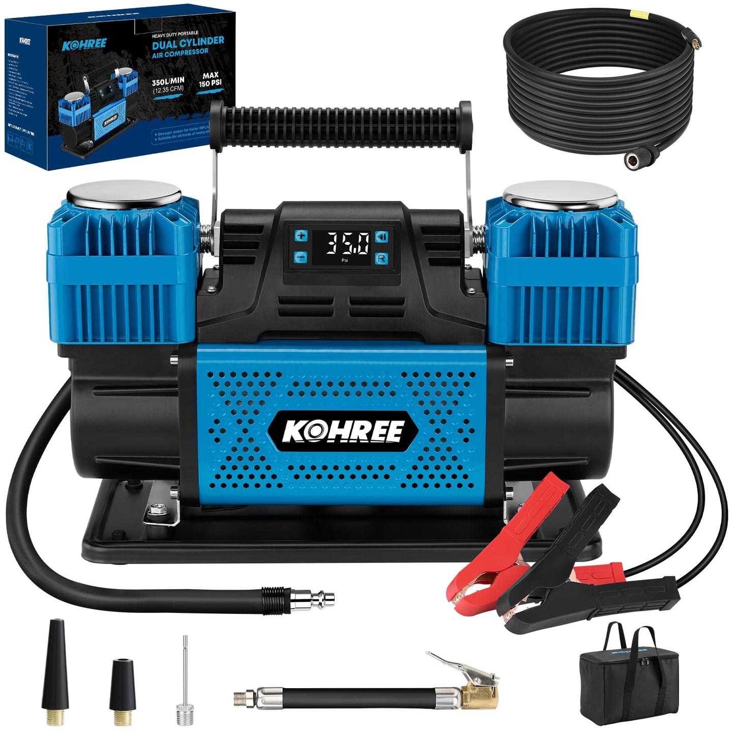 Kohree 12V Dual Cylinder Air Compressor with Digital Display Panel, Heavy Duty 12.35CFM Fast Tire Inflator Tire Pump for Offroad Truck RV 4x4 Vehicle, Max 150 PSI