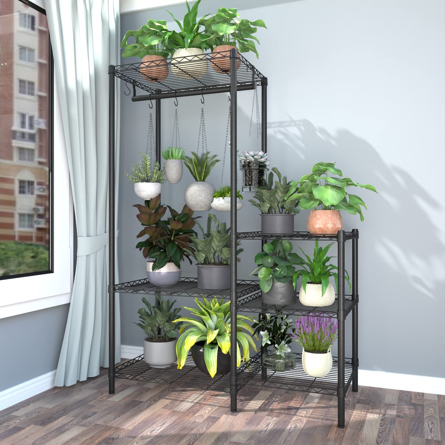 Xiofio 6-Tier Plant Stand for Indoor Outdoor,Metal Plant Shelf,Adjustable Plant Stand Suitable for Bedroom Living Room Balcony Garden,Black