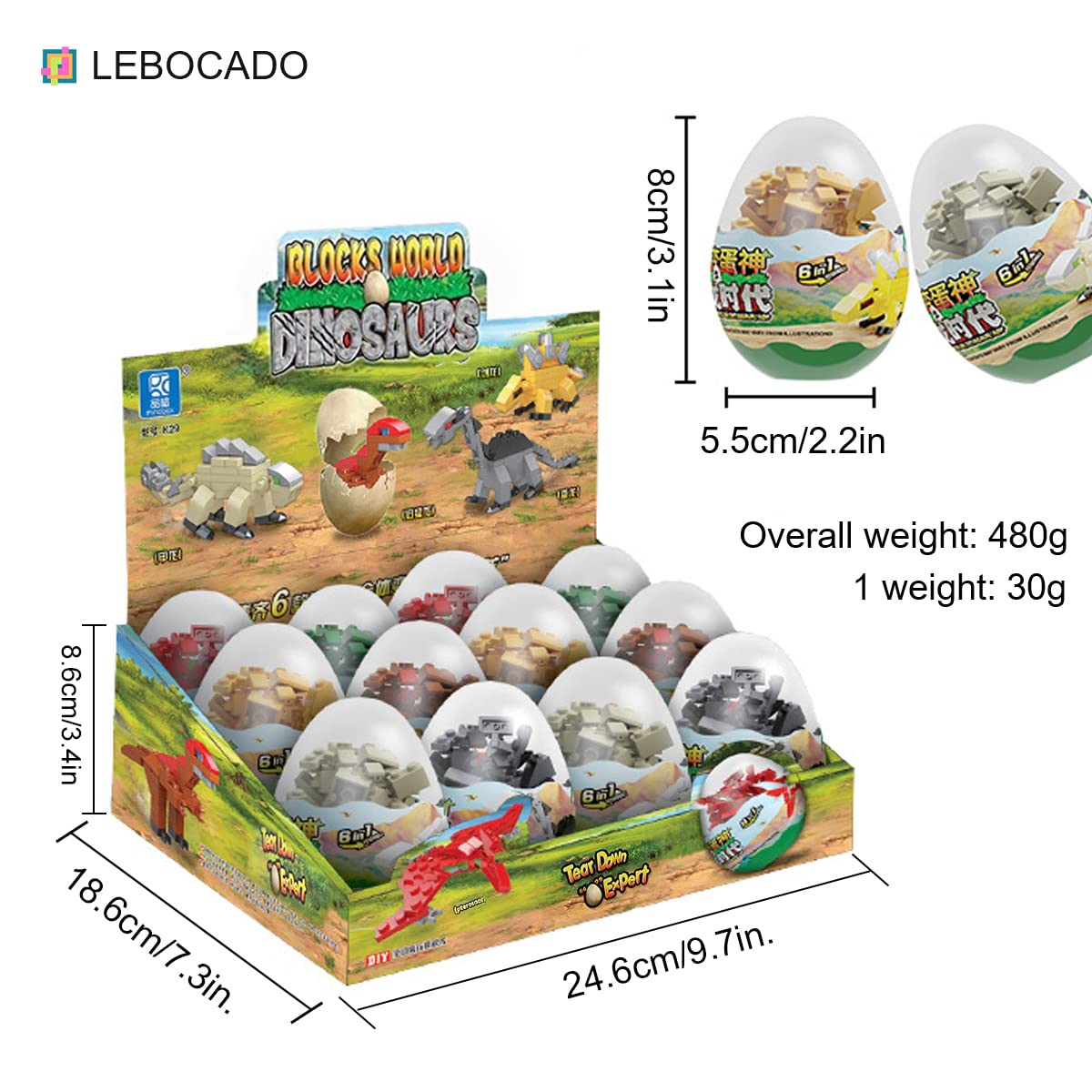 LEBOCADO Mini Building Block Sets,12 Pack Dinosaur Toys Building Blocks, 6 in 1 STEM Toys Eggs Building Sets, Party Favors for Kids Goodie Bags Prizes Birthday