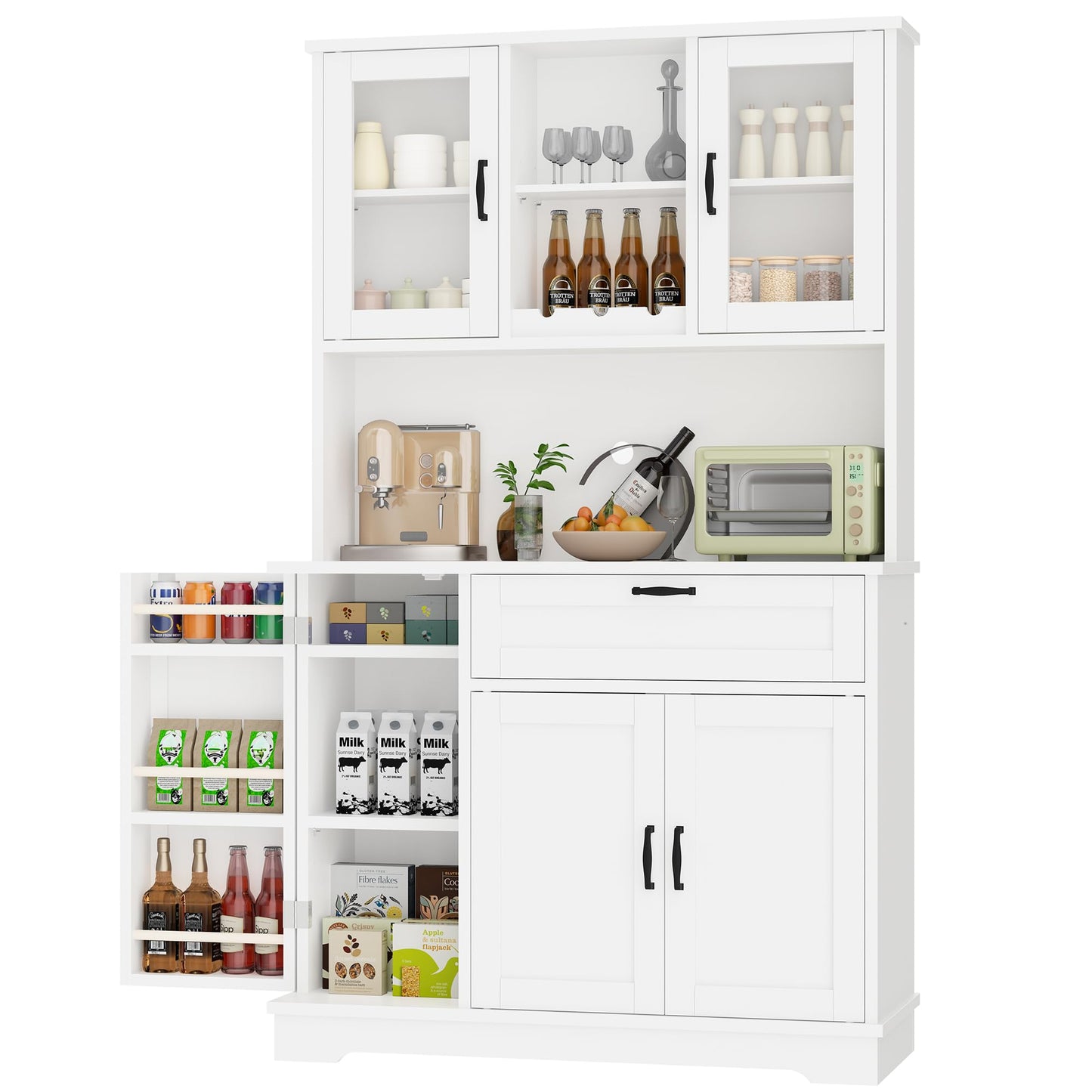 Shintenchi Kitchen Pantry Storage Cabinet, Freestanding Buffet Cabinet with Microwave Stand & 4 Door Shelves, Kitchen Hutch with Doors, Adjustable Shelves and Wine Rack, White