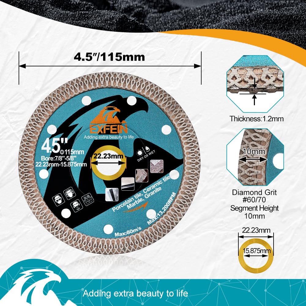 EXFEIN Diamond Tile Hole Saw Kit 14pcs 6/6/8/19/25/35/50/75/102mm Drill Bits & Adapter with 4/5" Finger Bit and 2" Chamfer Bit and 2pcs 4.5 Inch Diamond Blade for Tile Porcelain Ceramic Marble Granite