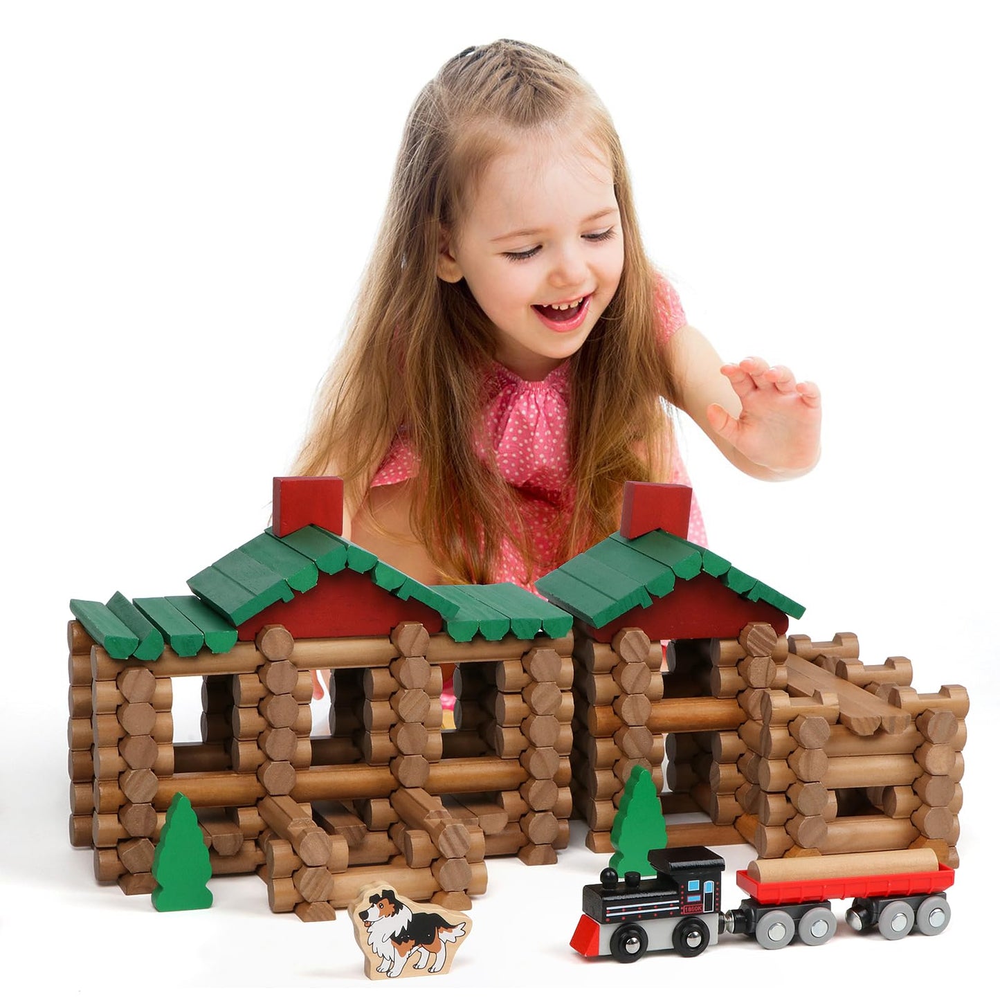 Wondertoys 208 Pcs Wooden Log Set - Classic Building Logs Ages 3+ - Best Retro Building Gift Set for Boys - Creative Construction Engineering Educational Gifts