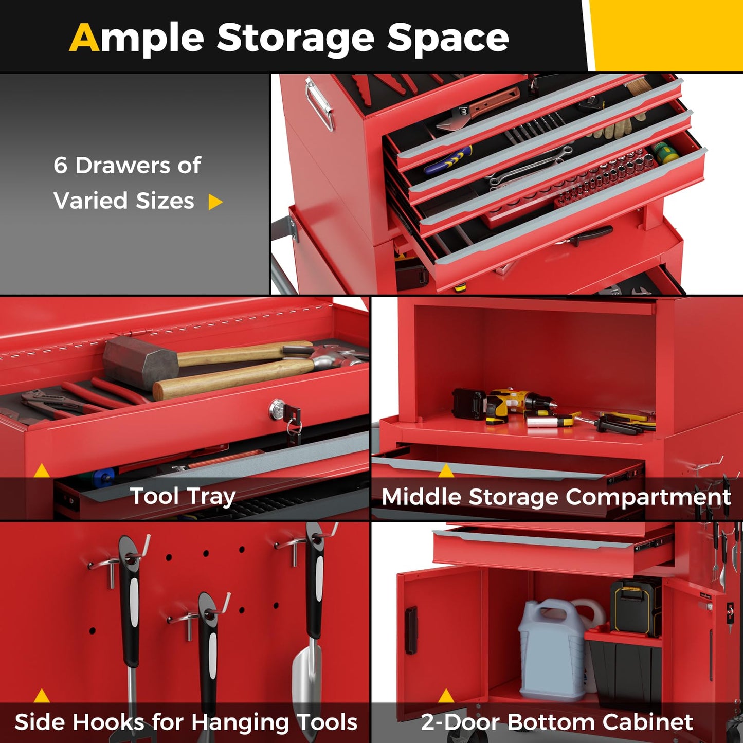 Goplus Tool Chest, 6 Drawers 3-in-1 Extra Large Tool Storage Cabinet with 4” Universal Lockable Wheels, Auto Lock, Protective Liner, Heavy Duty Rolling Tool Box for Garage, Workshop