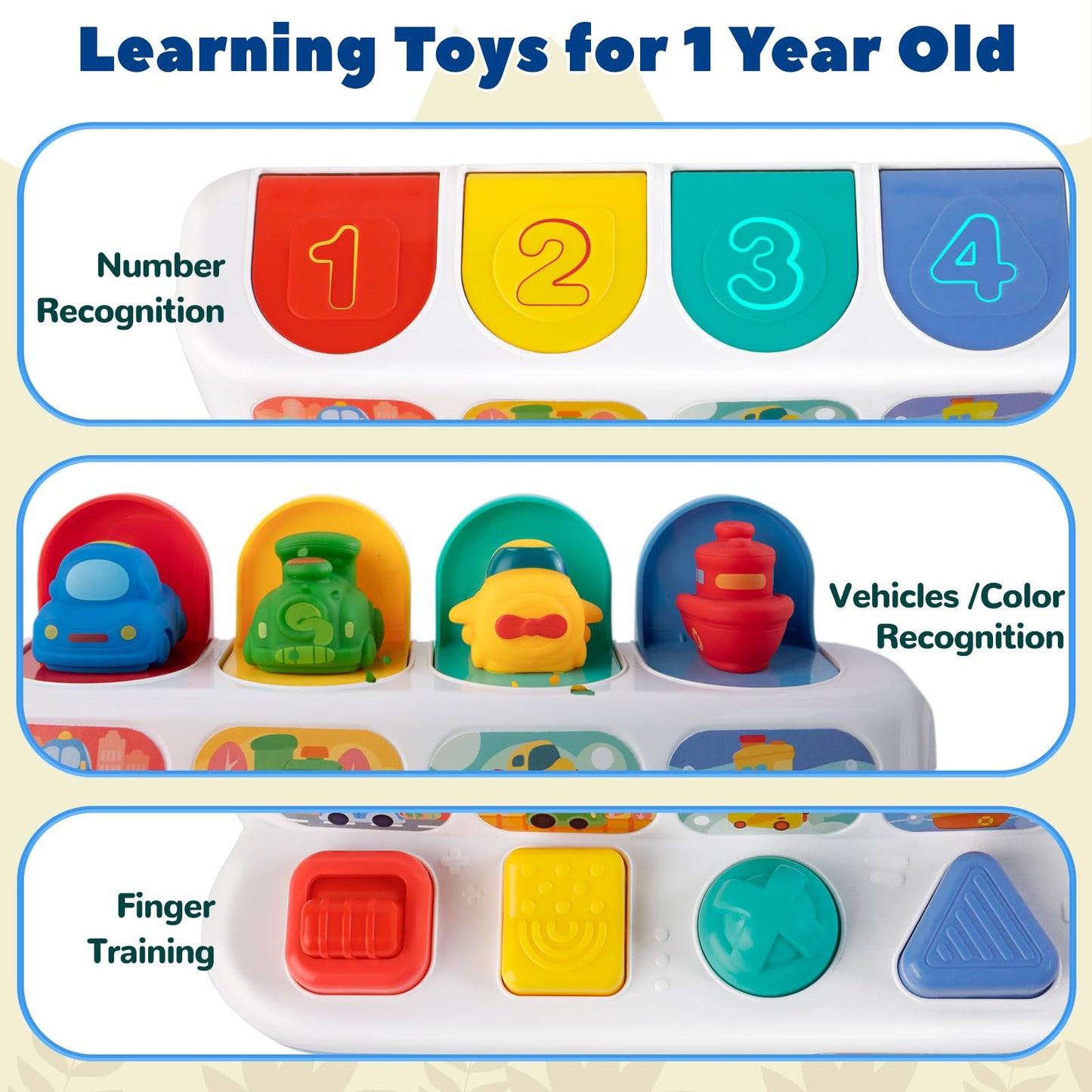 Interactive Cause & Effect Pop Up Vehicle Toys for Toddlers 1-3 Years, Sensory Montessori Toys for Infants 8-12 Months, Fun Hide and Seek Play for Boy Girl