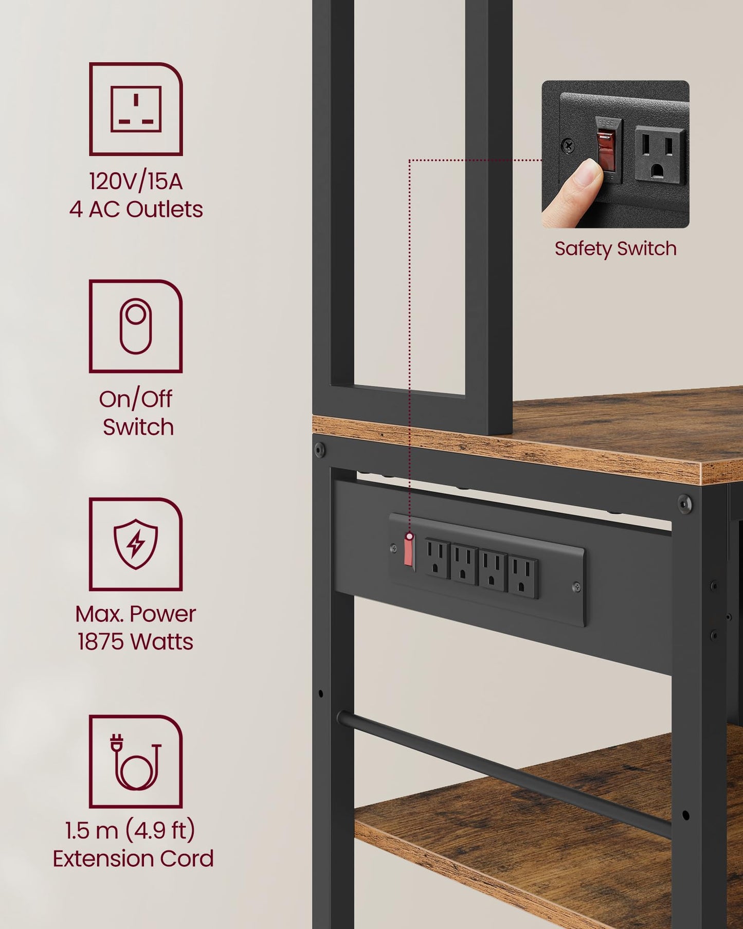 VASAGLE Bakers Rack with Charging Station, Coffee Bar, 15.7 x 31.5 x 71 Inches, Kitchen Microwave Stand, Adjustable Storage Shelves, Fabric Drawer, 12 Hooks, Rustic Brown and Ink Black UKKS015K01