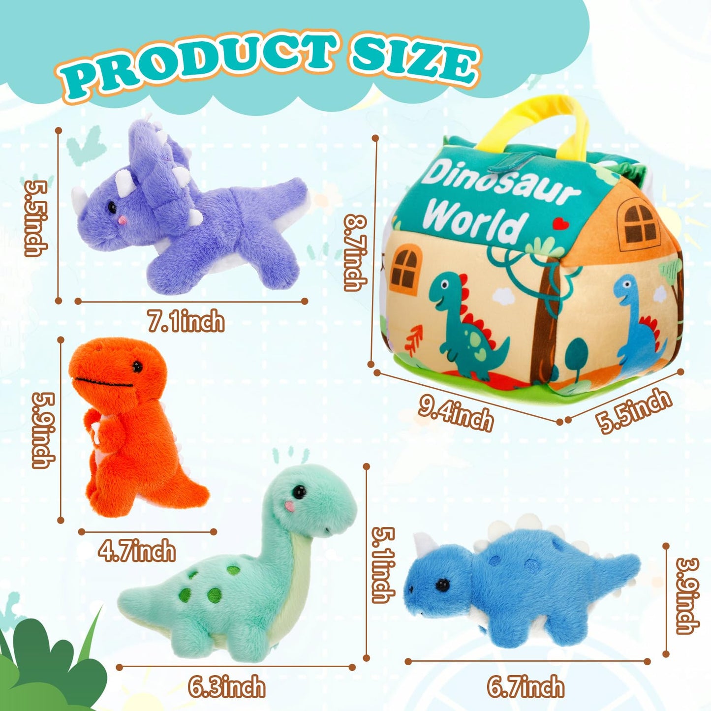 LaRandom 5 Pcs Dinosaur Plush Toys Set with Carry House, 4 Small Stuffed Dinosaurs and Playmat Bag for Dino Birthday Party Favors Goodie Bag Fillers Stocking Stuffers Classroom Prize Gifts