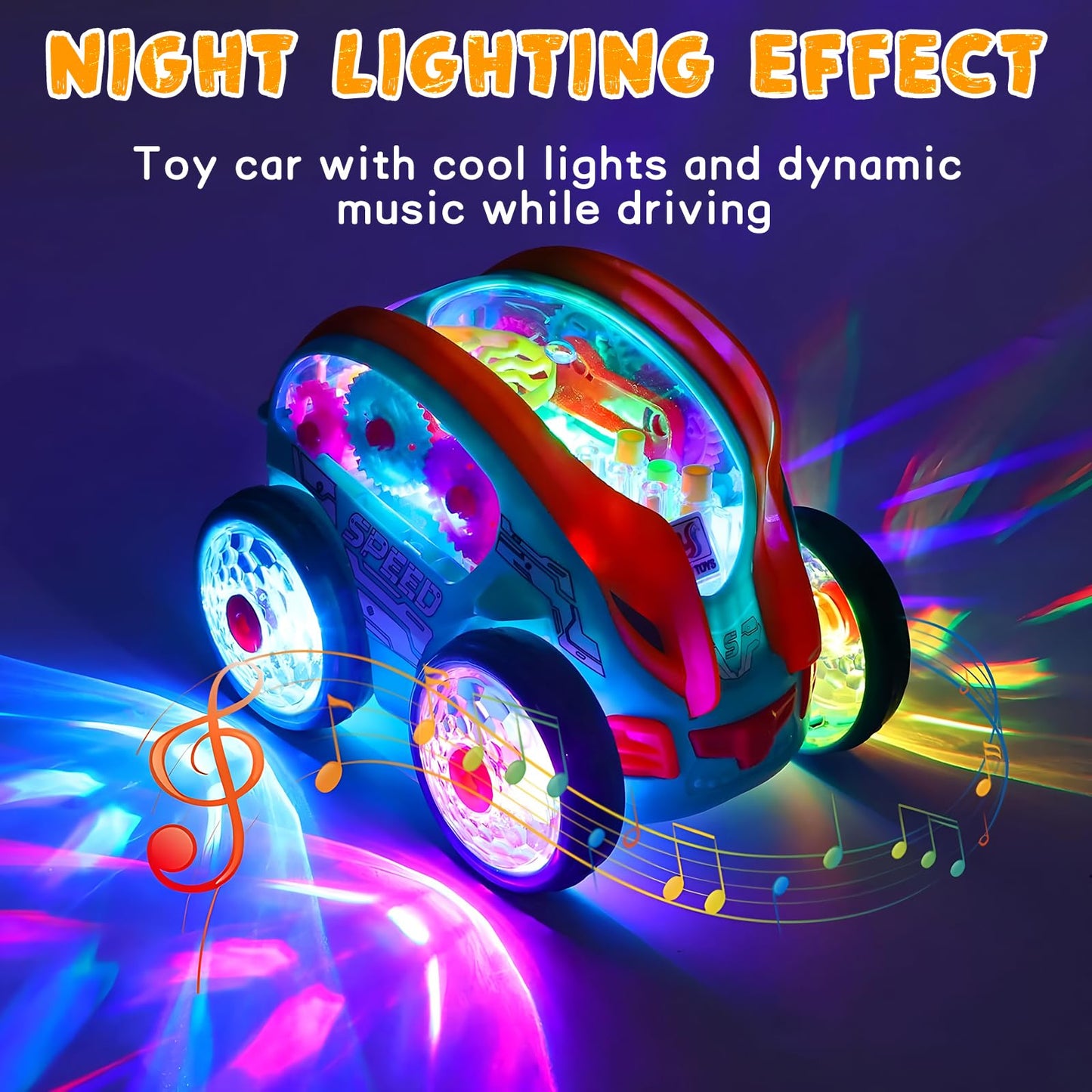 Light Up Transparent Sensory Car Toy - 360° Standing Rotation Roll Stunt Car, Bump and Go Toy Cars with Colorful Moving Gears & Music, Educational Toys for Toddlers, Best Gifts for Kids 1 2 3 4 Years