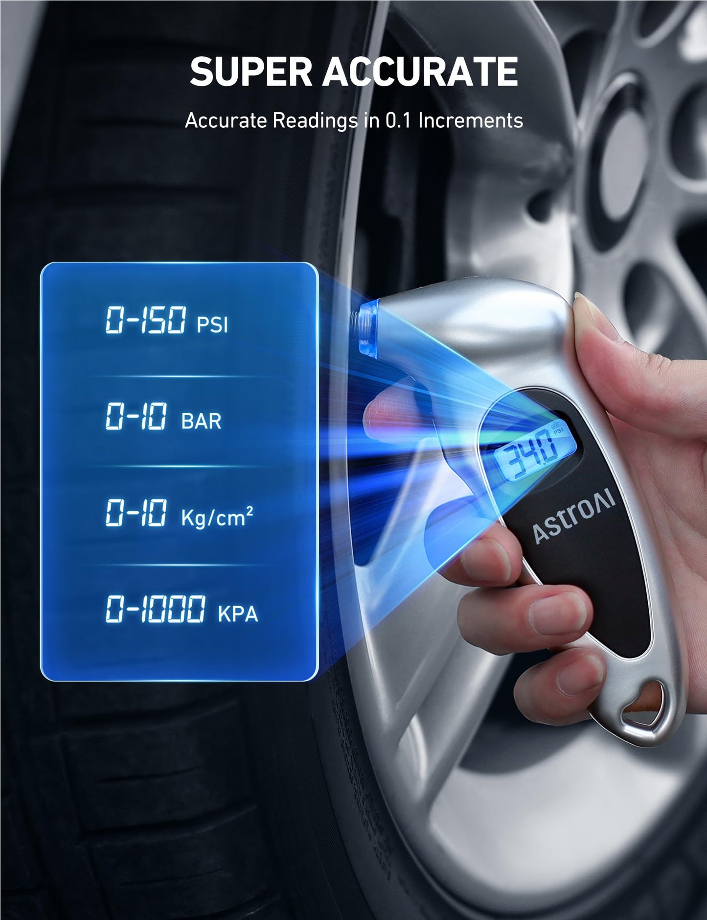 AstroAI Digital Tire Pressure Gauge 0-150PSI（Accurate in 0.1 Increments），4 Units for Car Truck Bicycle with Backlight LCD and Presta Valve Adaptor (1 Pack+4pack)