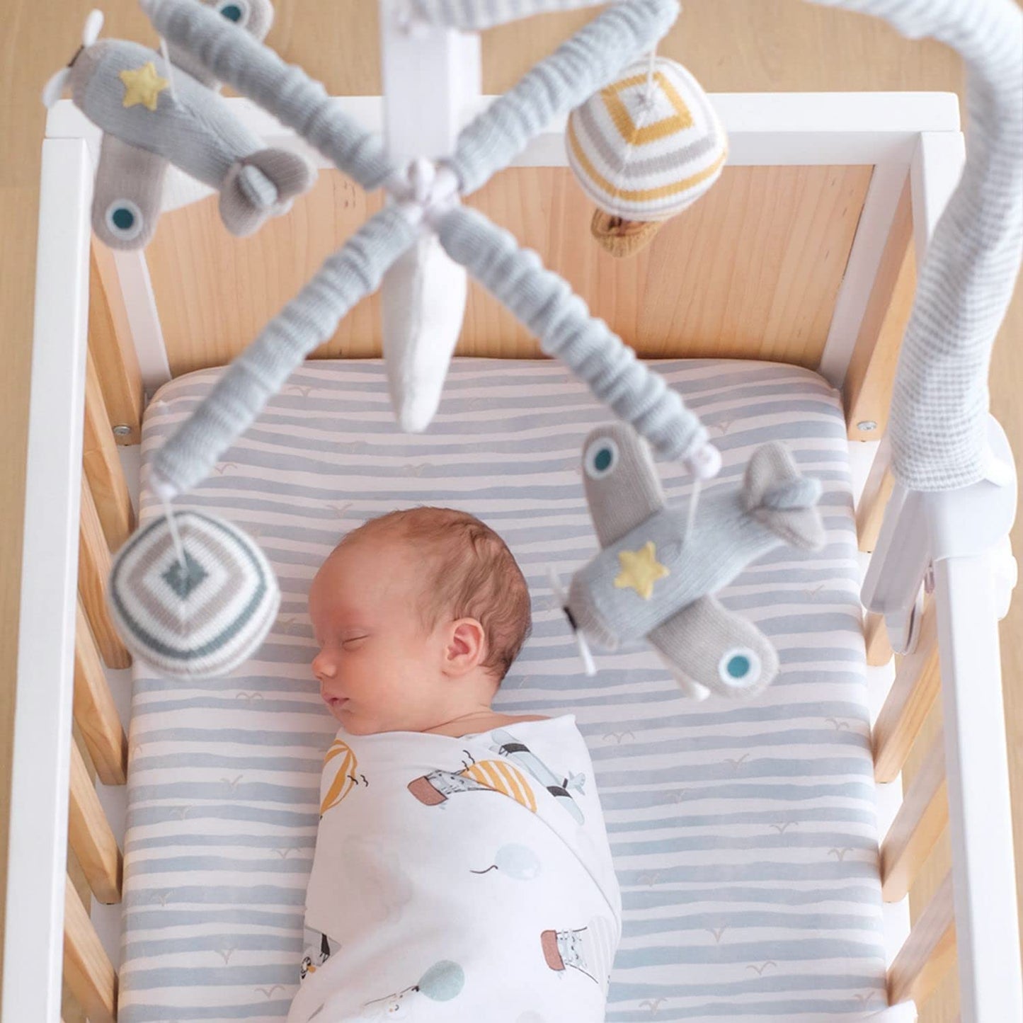 Baby Crib Mobile for Boys - Up Up and Away - Premiun Musical Nursery Decor, Sky Hot Air Balloon, Clouds & Planes, Calming Music Soother with 12 Lullabies - Essential & Perfect Gift by Living Textiles