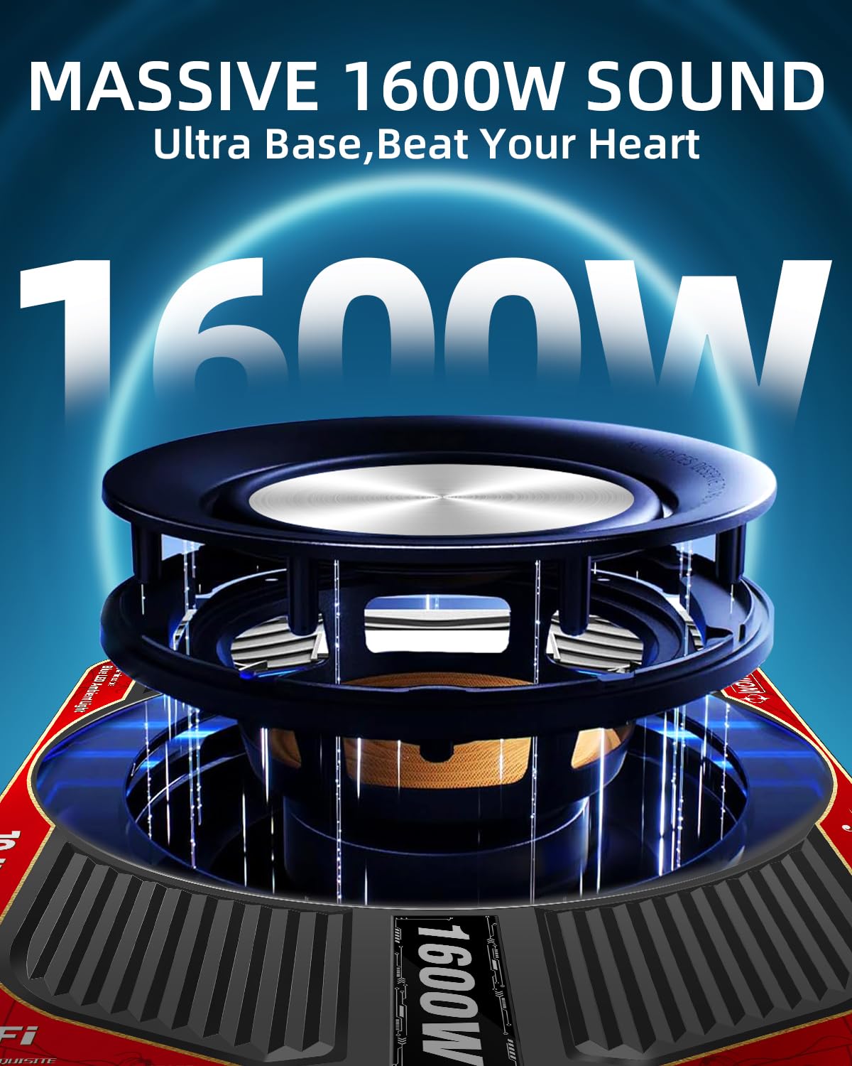 TZGBASS 1600W Slim Underseat Car Subwoofer and Amp Package, Powered Subwoofer with Built-in Class D Amplifier, Blue Ambient Light Switch, Deep Subsonic Bass, Under Seat Subwoofer for Car, Truck & SUV