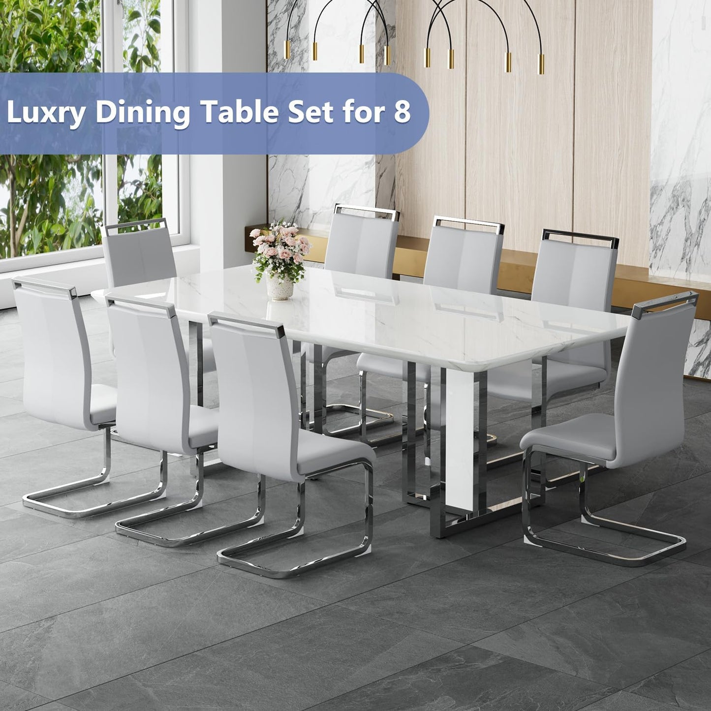 JUFU Dining Room Table Set for 8, Dinner Set for 8 with 79'' Faux Marble Tabletop and Sturdy T-Shape Leg, White Rectangle Dining Room Sets for 8 with PU Chairs, Perfect for Dining Room and Kitchen