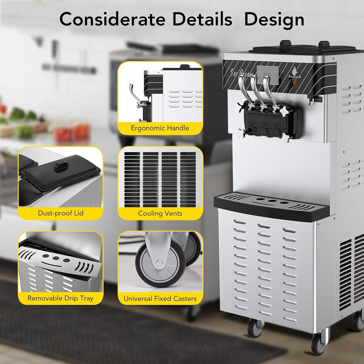 Commercial Ice Cream Maker with Two 12L Hoppers, 3 Flavors Soft Serve Machine. 2450W Compressor, Soft Ice Cream Machine with LCD Panel for Restaurants Snack Bar