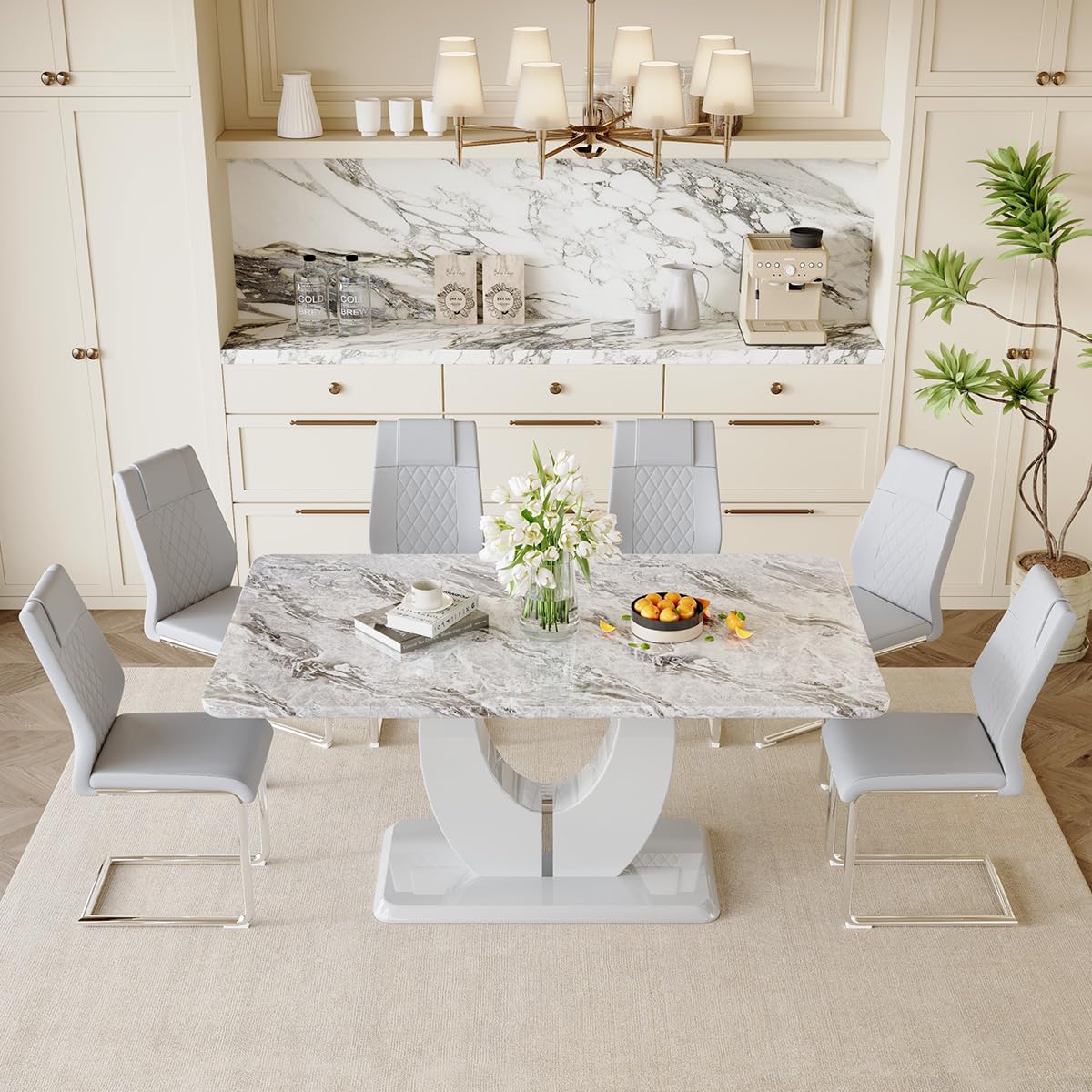 JUFU Modern Kitchen and Dining Table and Chairs Set - 63in Grey Rectangular Table with Faux Marble Top and 6 Faux Leather Chairs - Ideal for Dining Room