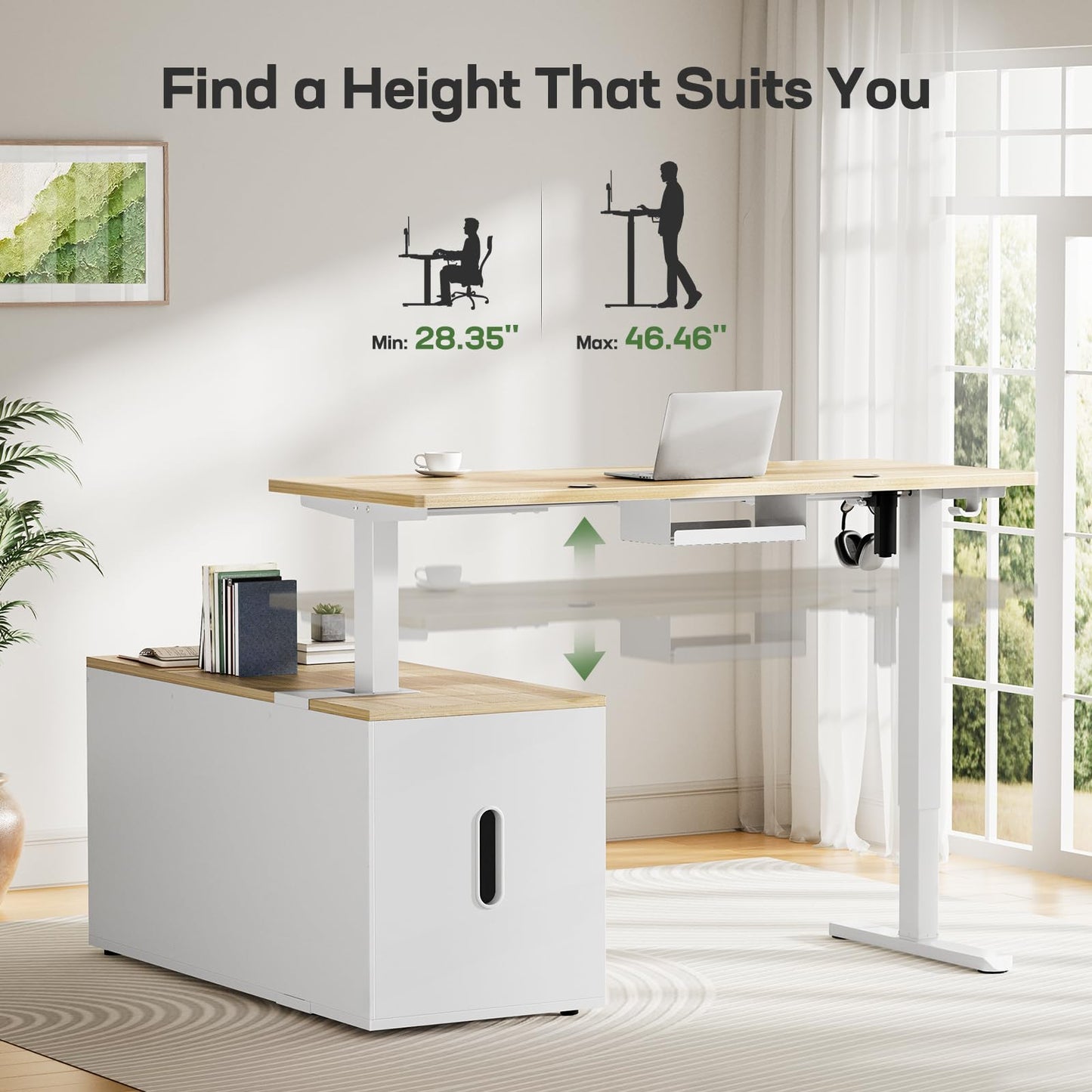 Marsail L-Shaped Executive Standing Desk with File Cabinet, 55" x 24" Electric Height Adjustable Stand up Desk, One-Whole Piece Desktop, Home Office Modern Computer Deskwith 4 Memory Presets