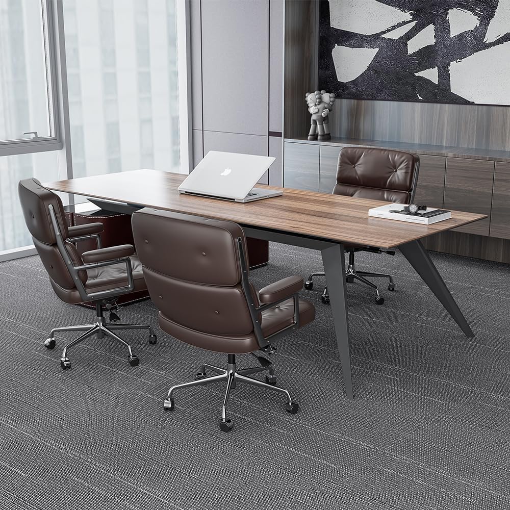Genuine Leather Office Chair, Padded Mid Back Conference Desk Chair with Aluminum Arms and Leg, Executive Swivel Leather Chairs with Wheels, Thickened Backrest and Ergonomic Lumbar Support, Brown