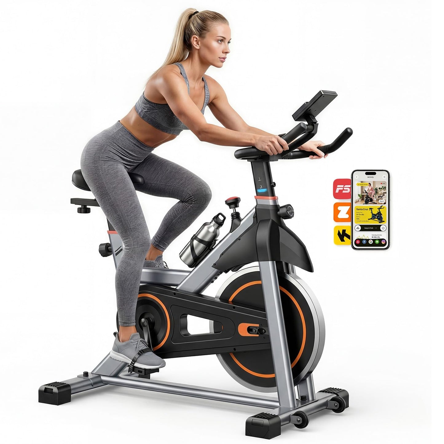 OLIXIS Exercise Bike with APP Control, Brake Pad Stationary Bikes with Quiet Magnetic Resistance, Indoor Cycling Spin Workout Bike with 300.0 lbs Weight Capacity for Living Room, Home, Gym, Orange