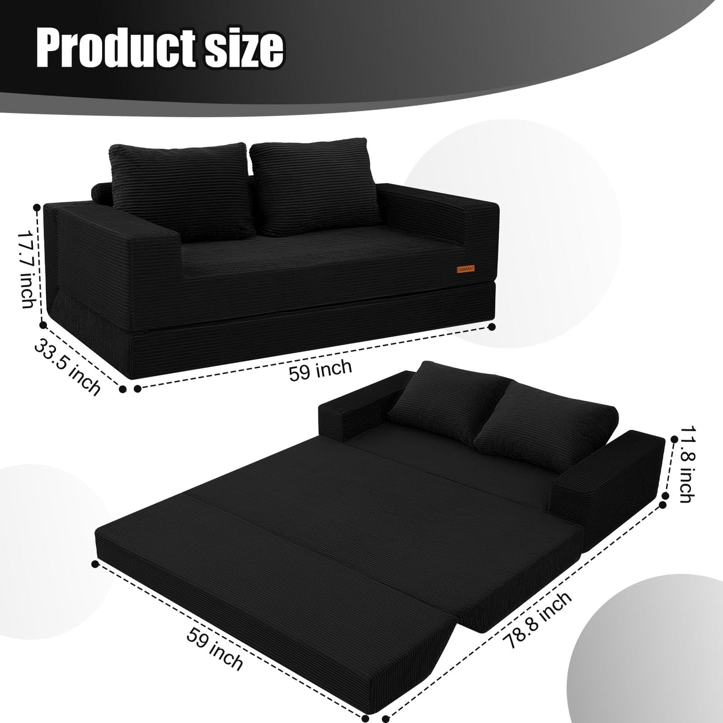 COMAX Convertible Sofa Bed Queen, Corduroy Folding Floor Couch Pull Out Couch Bed Futon Sleeper with Pillows, Fold Out Boneless Sofa Comfy Lounge Mattress Loveseat for Living Room Bedroom, Black