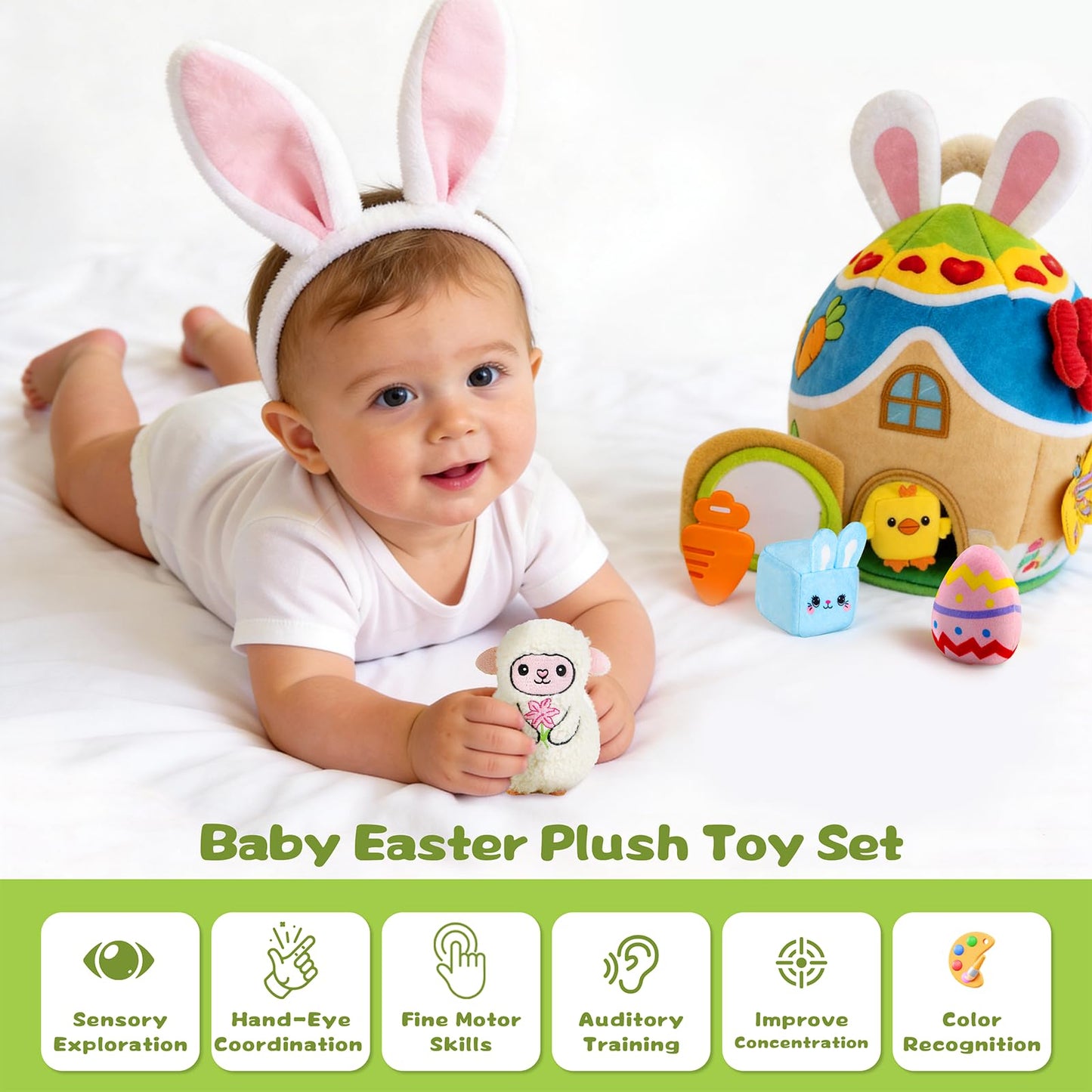 Baby Toys 6-12-18 Months - My First Plush Bunny Burrow with Stuffed Animals, Rattle, Crinkle, Teether, Montessori Sensory Toys for Babies Toddlers 1-3, Baby Easter Basket Stuffers for Boys Girls Gifts