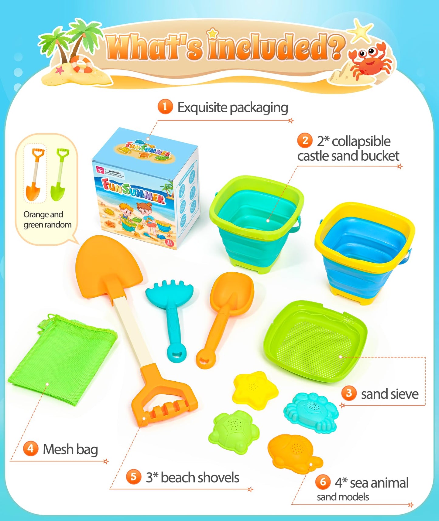 DUDUCOFU Collapsible Beach Sand Toys for Kids Toddlers, Collapsible Sand Bucket with Sifter Shovels Set with Mesh Bag and Sand Molds, Travel Beach Sandbox Toys for Boys Girls 3 4 5 6 7 8 9 10