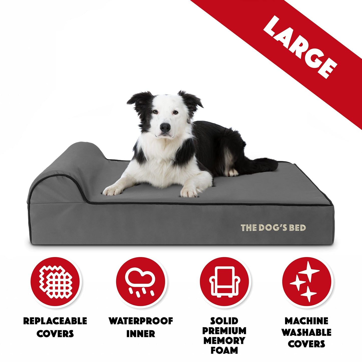 The Dog’s Bed Orthopedic Memory Foam Dog Bed with Headrest, Oxford Fabric, Grey with Black Trim, Large, 6-Inch