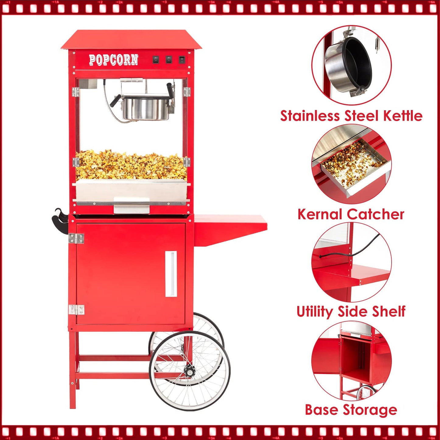 Takywep Commercial Popcorn Machine, Popcorn Maker with Cart and 10 Oz Kettle Makes Up to 64 Cups, 3-Switch Control, Theater Style Popcorn Poppers