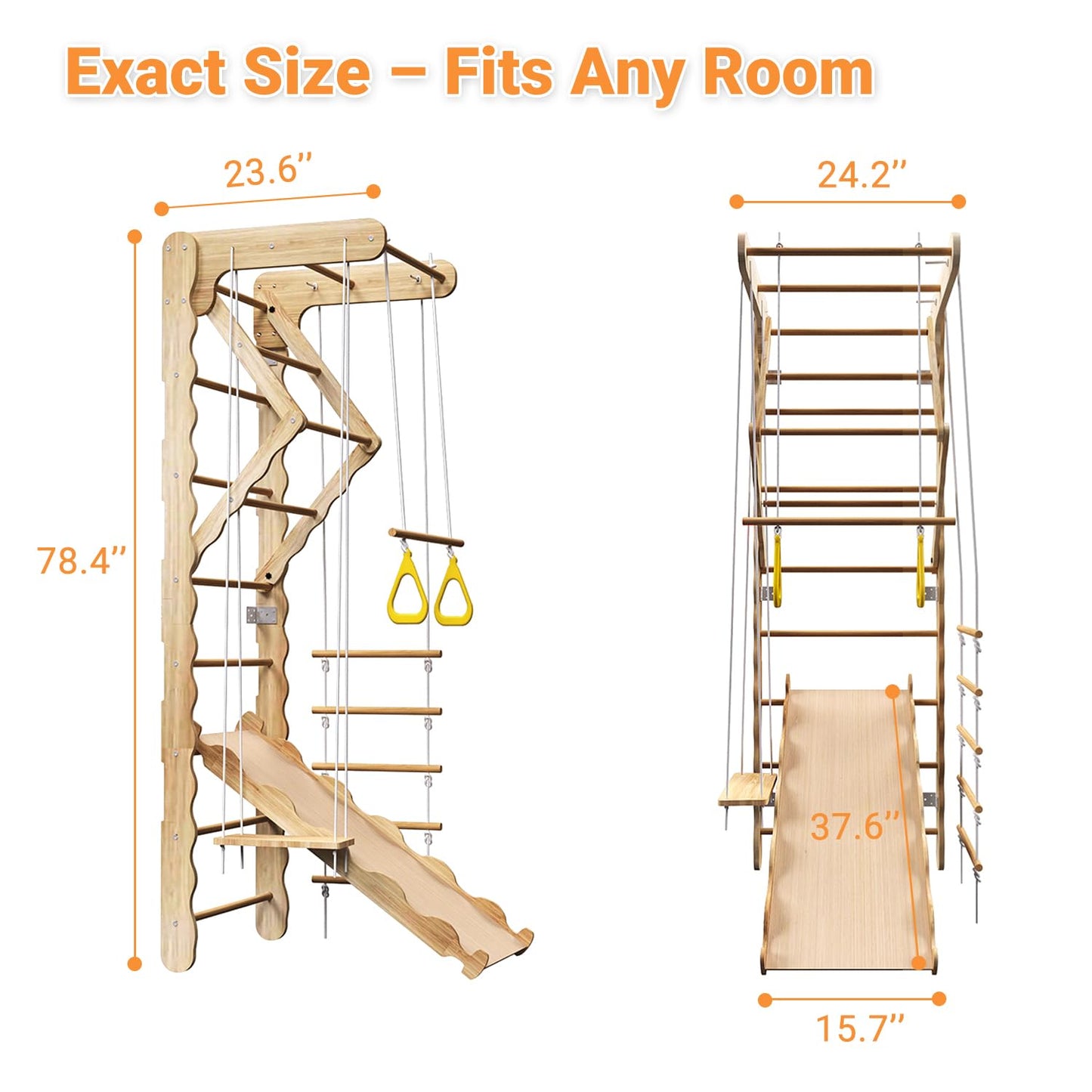 Mulinsonfly 5-in-1 Wooden Indoor Jungle Gym for Kids, Wall-Mounted Swedish Ladder with Pull-Up Bar, Rings, Swing, and Slide – Montessori-Inspired Kids Playset for Fun & Development, Ages 3-8