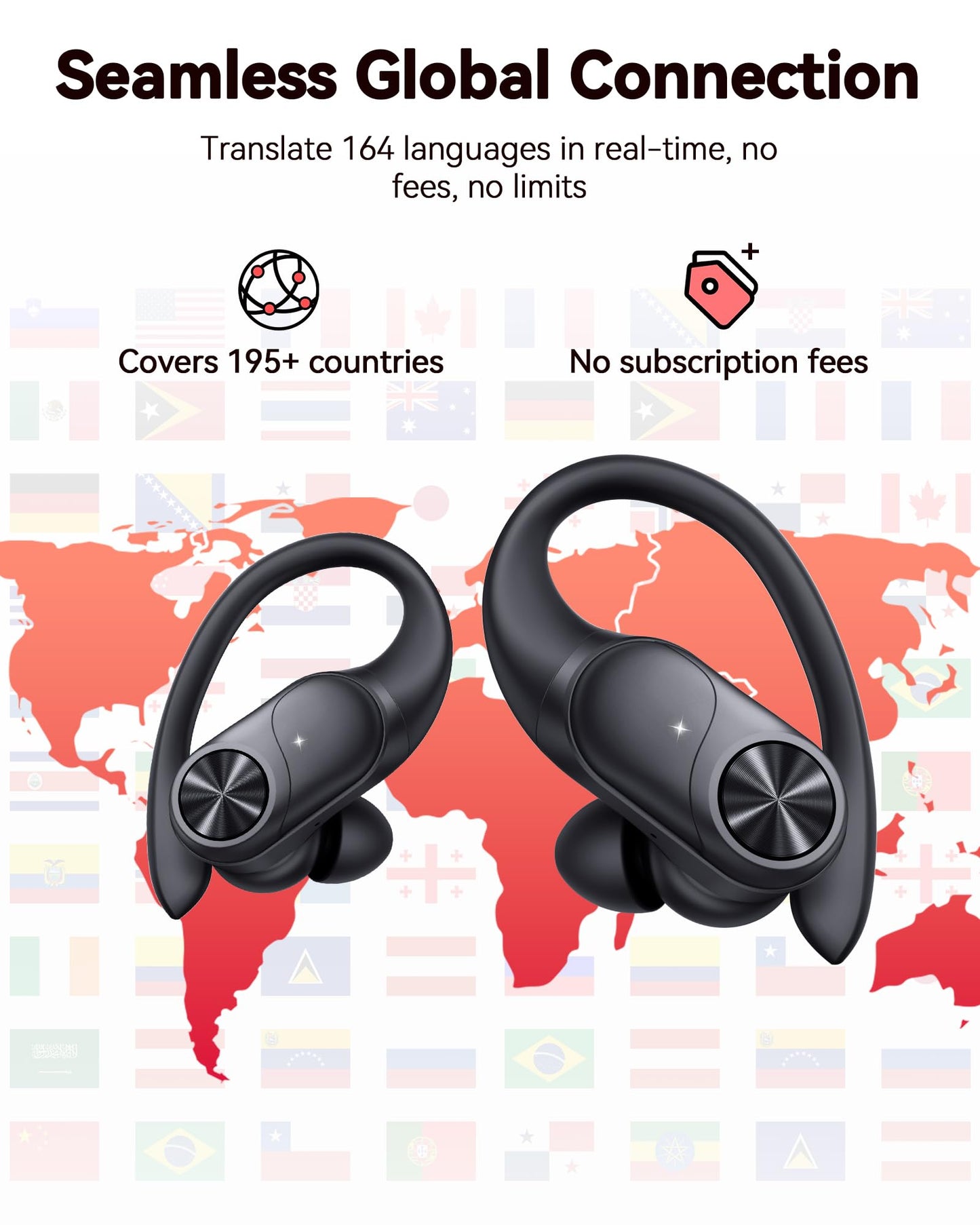Translation Earbuds Real Time 164 Languages AI Translator Ear Buds 80Hrs Playtime Audifonos Traductores Inglés Español with 8 Translate Modes Bluetooth Headphones for Travel Meeting Learning Black