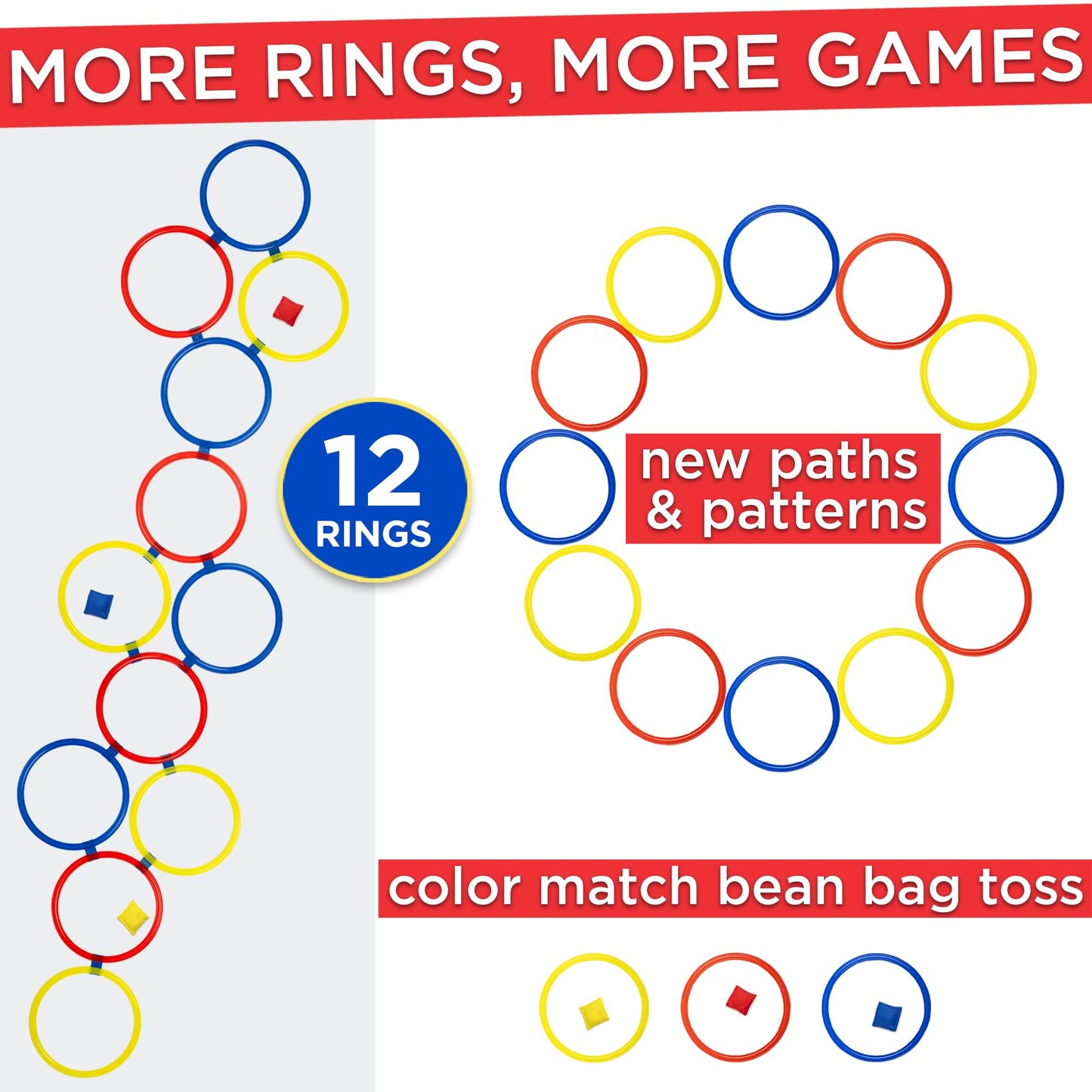 Covelico Hopscotch Rings, 12 x 11 Inch Rings & 3 Bean Bags, Play Hopscotch Outdoor & Indoor Obstacle Course for Kids 3-5, Recess Toys & Physical Education Equipment, Gross Motor Games PE Equipment
