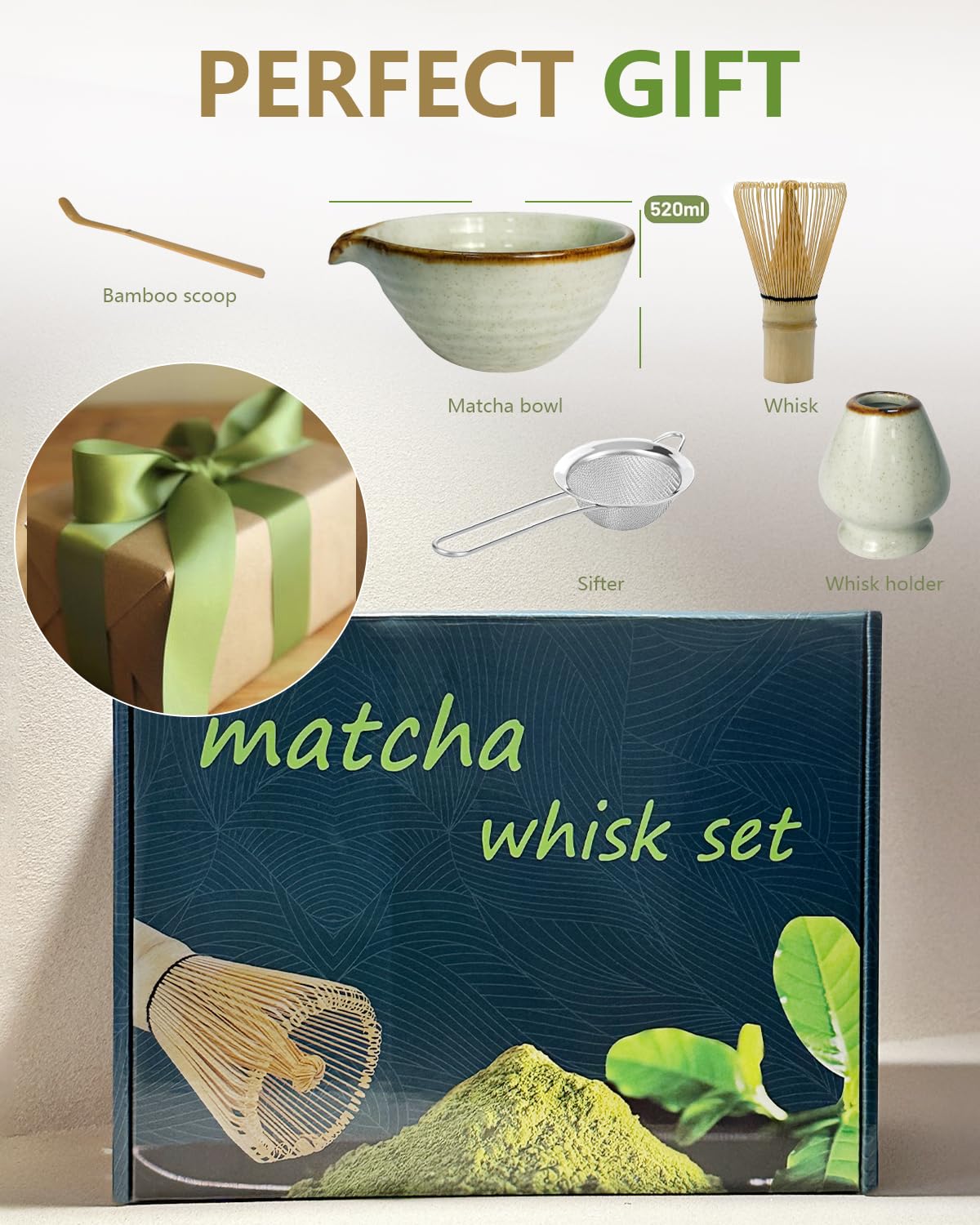 Taruzil Matcha Whisk Set with Matcha Bowl, Matcha Bamboo Whisk, Scoop, Sifter, Matcha Whisk Holder Unique Gifts for Women Men Girl Friend Home Kitchen Decor Gifts for Christmas, Birthday,Halloween