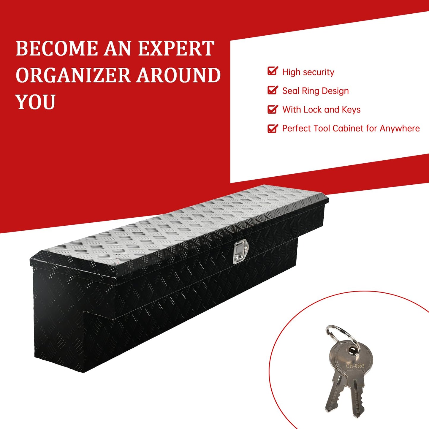 BIGREAT 60"X8"X14" Inch Black Aluminum Side Mount Truck Tool Box Pickup RV Trailer Truck Bed Toolbox Storage Organizer W/Side Handle, Lock & Keys
