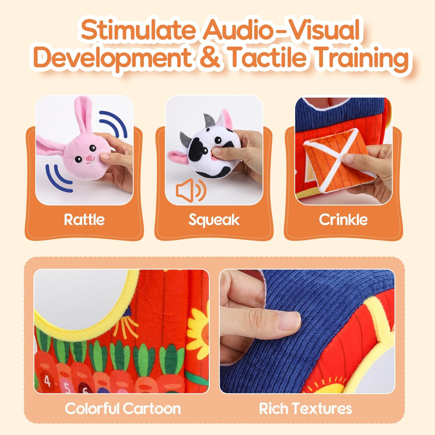 ZXHWTG Baby Toys 6-12 Months, Soft Barn Montessori Sensory Infant Toy for 6 7 8 9 10 Month Old, 1st Birthday Baby Gifts for 1 Year Old Boy Girl, Stuffed Farm Animals, Rattle Squeaky Crinkle Sound