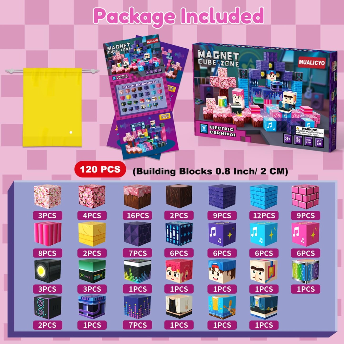 MUALICYO 120 PCS Magnetic Building Blocks, Musical Festival STEM Construction Montessori Magnet Blocks for Kids Boys Girls Age 3-12, Learning Stacking Toys for Christmas Birthday Gifts