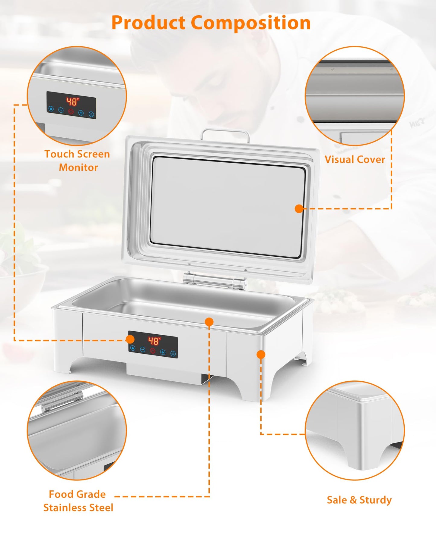 Electric Chafing Dish, 9 QT Full Size Touch Screen Chafing Dishes for Buffet Roll Top Set Food Servers and Warmer with Glass Lid for Catering, Parties, Weddings, Silver