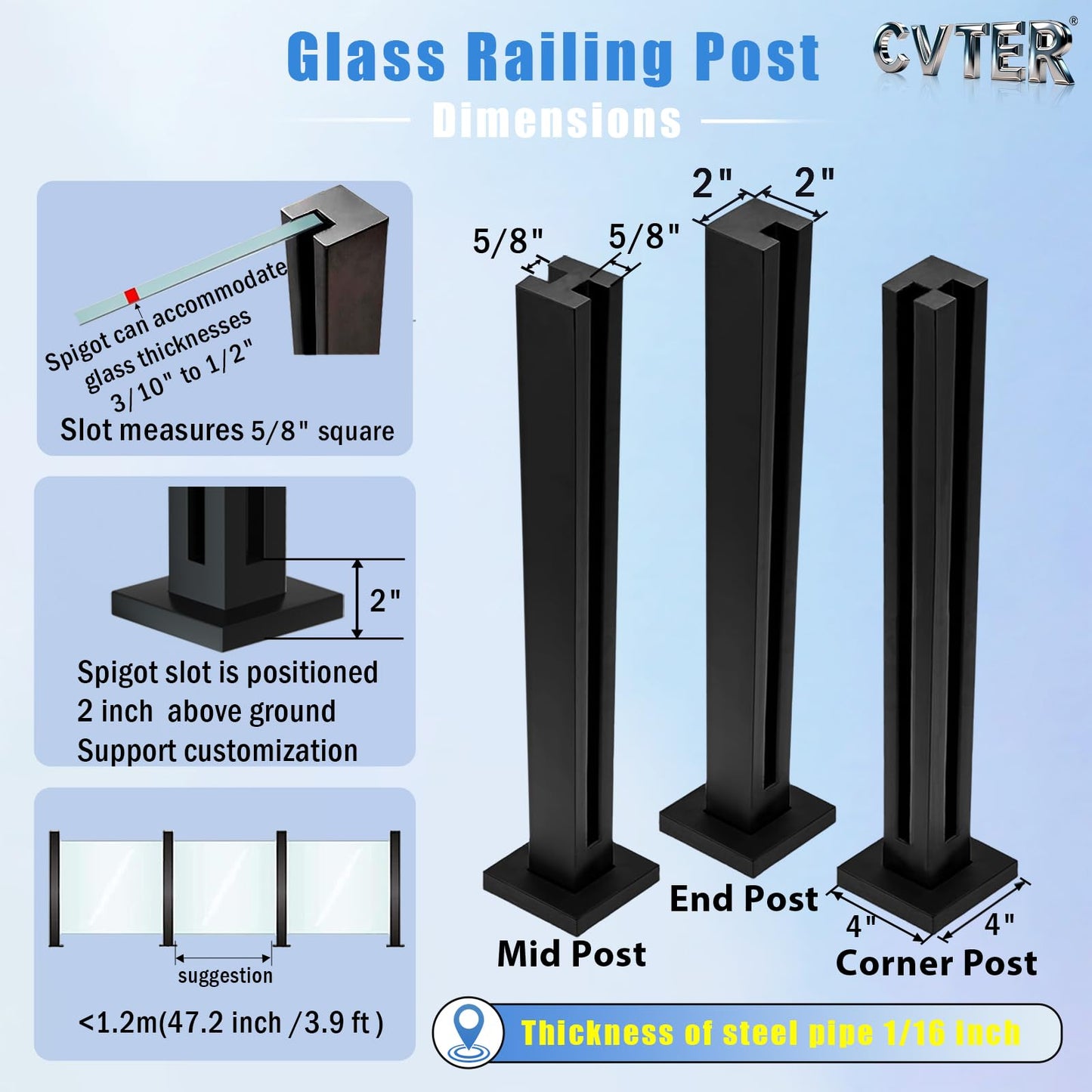 Cvter Glass Railing Post, No-Punch Heavy-Duty Glass Railing with Spigot Slots & Base, 304 Stainless Steel Clamp Bracket for Deck Balusters, Balcony, Patio, Stairs, Black 24in End Post