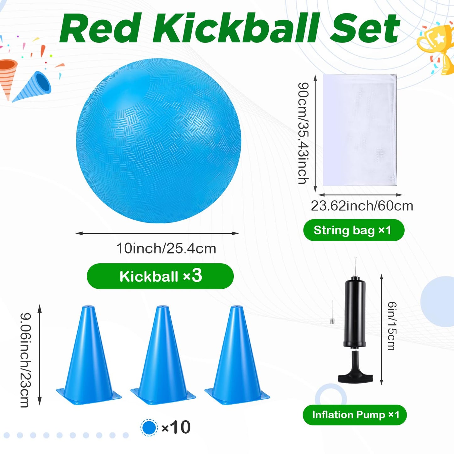 Jenaai 20 Pcs Sports Kickball Set, 3 10'' Playground Ball, 5 Rubber Throw Down Bases, Ball Pump, Net Bag, 10 Foul Line Cones, Kickball All in One Kit for Kids Adults Playground Backyard Game(Blue)