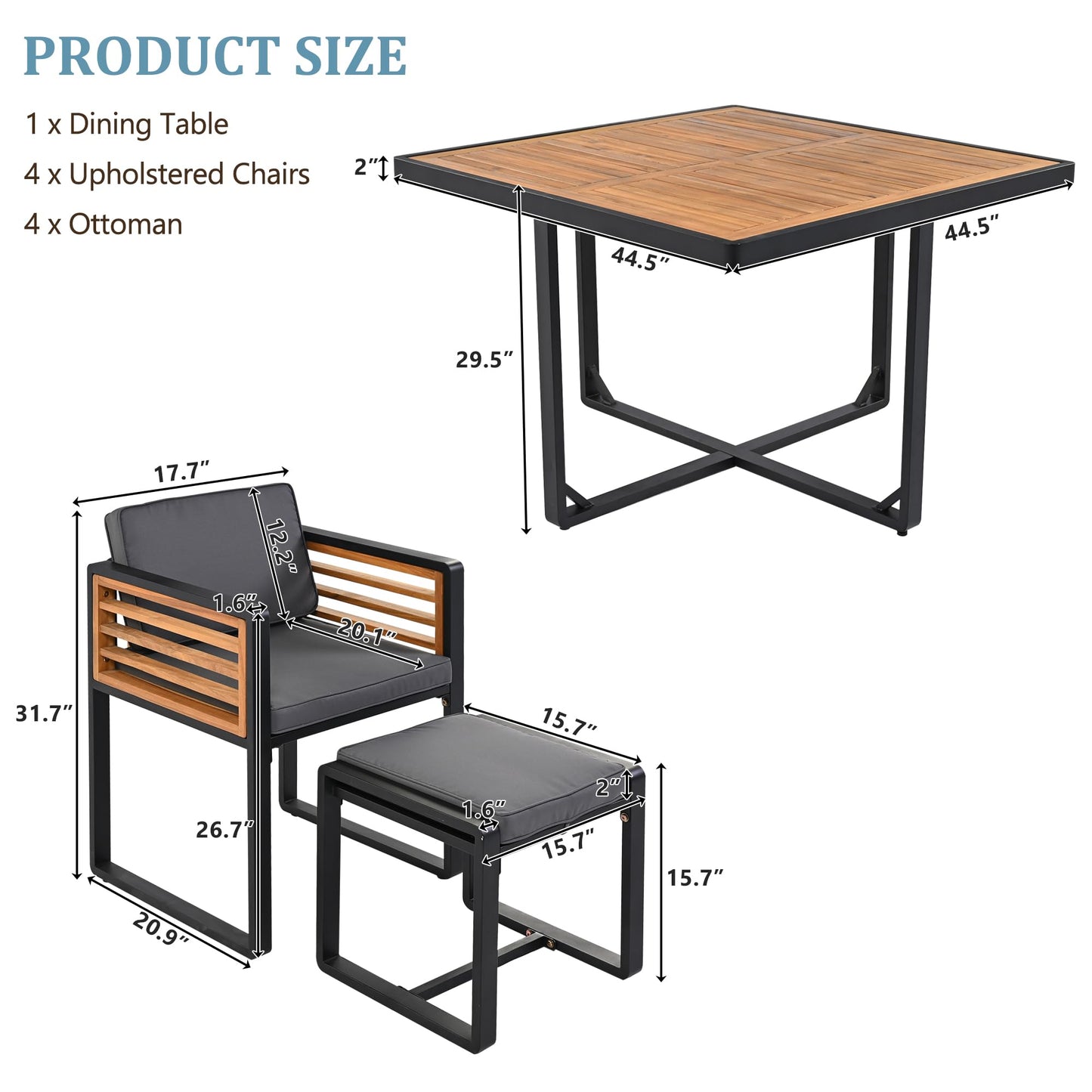 Merax 9 Pieces Outdoor Dining Set for 8 People, Acacia Wood Patio Furniture Sets with 1 Square Table, 4 Cushioned Chairs and 4 Ottomans for Backyard, Garden, Lawn, Poolside, Space Saving Design, Gray