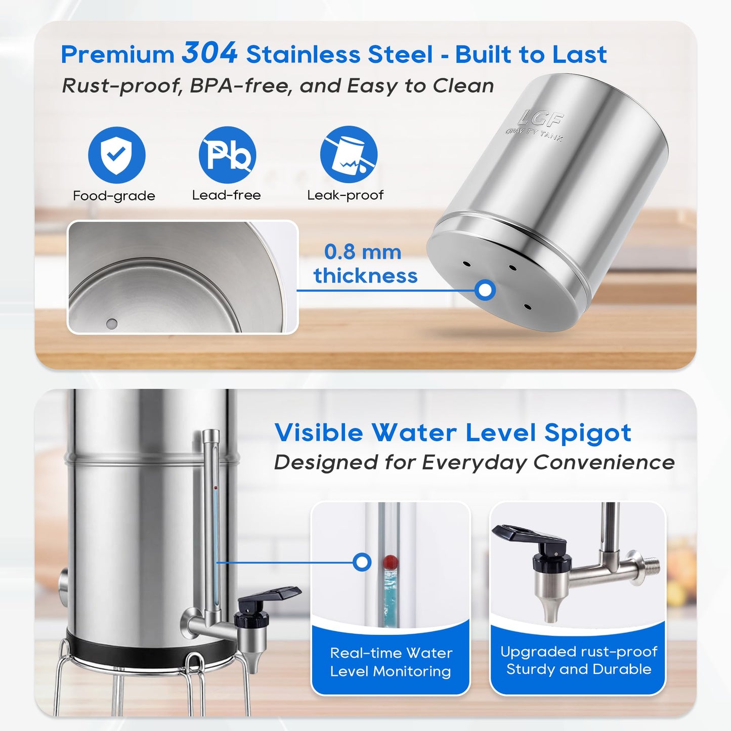 LCF 𝐒𝐢𝐥𝐯𝐞𝐫 𝐈𝐨𝐧𝐬 Enhanced UV-C Gravity Water Filter, Advanced Alternative to Berkey Water Filter System, NSF42 Standard, Reduces 99% Chlorine & Baçtёria, 6 Filters, Water Level Spigot, 3Gal