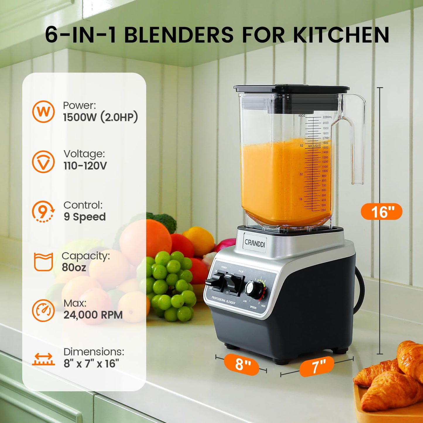 CRANDDI Professional Commercial Blender, Max 1500W, 80oz Pitcher, Powerful Blender with Tamper for Smoothie, Ice Crushing, Variable 9 Speeds Control,110V, K96, Black