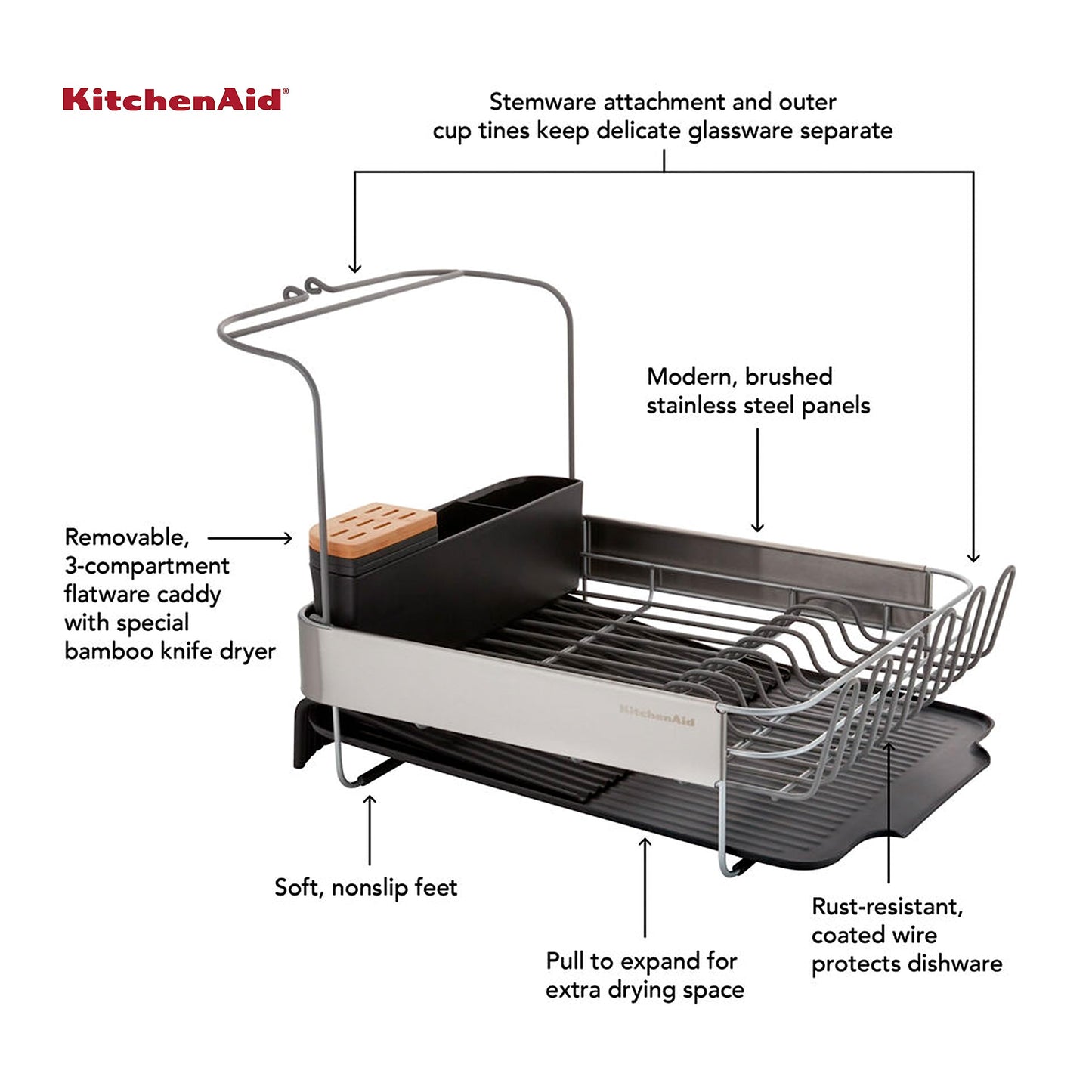 KitchenAid Compact to Full Size Expandable, Rust Resistant Satin Coated Dish Rack with Angled Self Draining Drain Board and Removable Flatware Caddy, 24-Inch, Charcoal