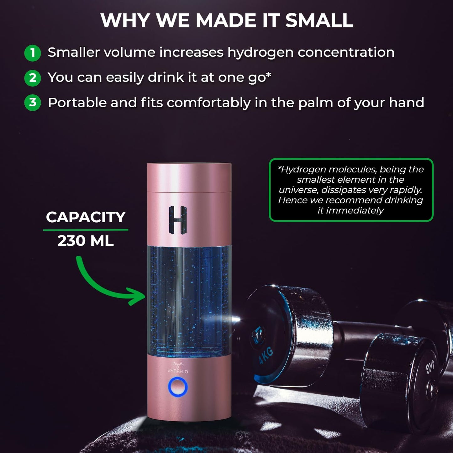 ZYNAFLO H2-Pro Hydrogen Water Bottle Generator with Latest SPE-PEM Technology (Rose Gold)
