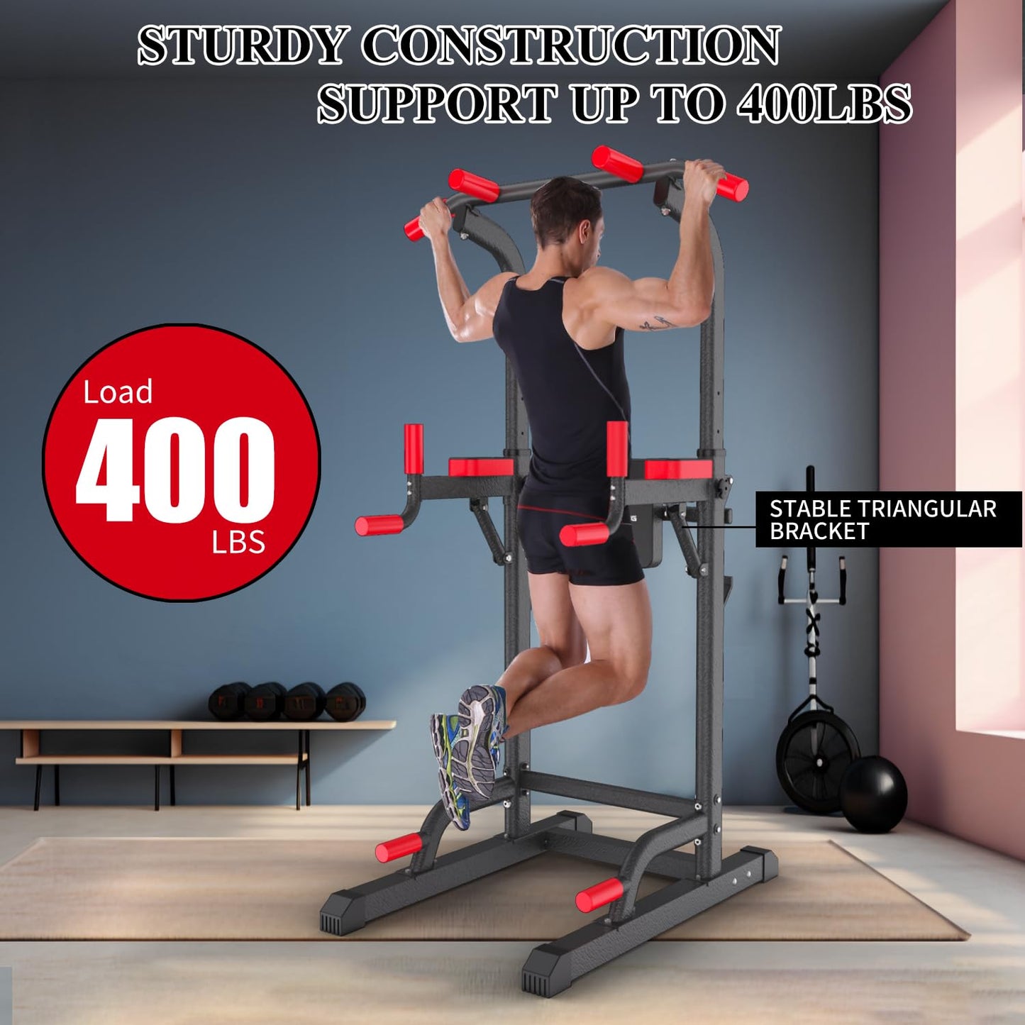 Power Tower Dip Station, Pull Up Bar Station & Multi-Function Gym Equipment For Home Strength Training Adujustable Height Up to 85.5",Load 350LBS